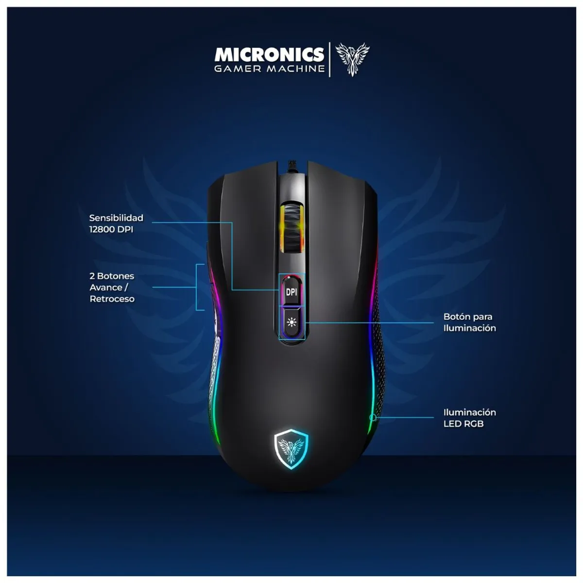 MOUSE GAMER CABLEADO MICRONICS KRIPTON MIC GM800 RGB 12800 DPI 7 BOTONES - 6