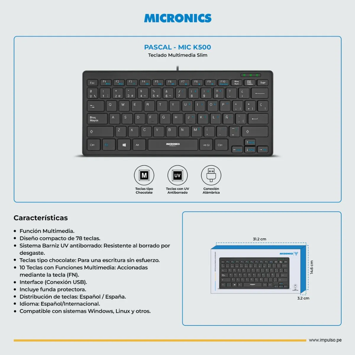 TECLADO USB SLIM MICRONICS PASCAL+ MICK500 ESPAÑOL CON PROTECTOR DE SILICONA - 2