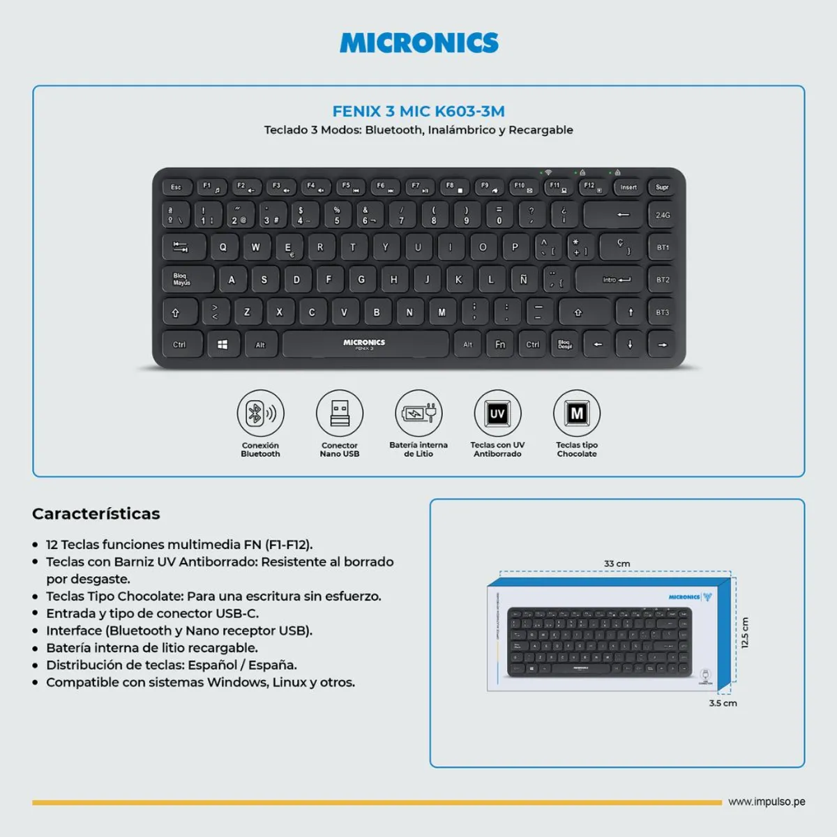 TECLADO INALÁMBRICO MICRONICS FENIX 3 K603-3M BLUETOOTH 2.4GHZ RECARGABLE - 2