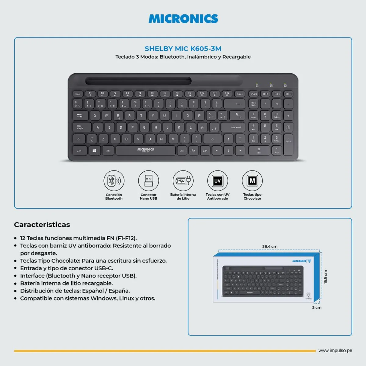 TECLADO INALÁMBRICO MICRONICS SHELBY K605-3M BLUETOOTH 2.4GHZ RECARGABLE ESPAÑOL - 3