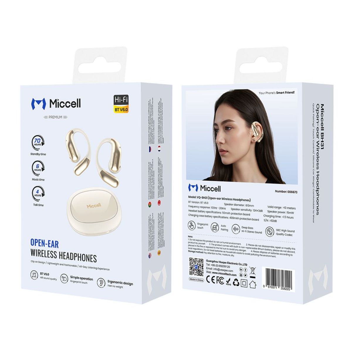 AUDÍFONOS BLUETOOTH OÍDO ABIERTO CON CLIP INALÁMBRICOS ESTUCHE DE CARGA MICCELL VQ-BH31 - 7