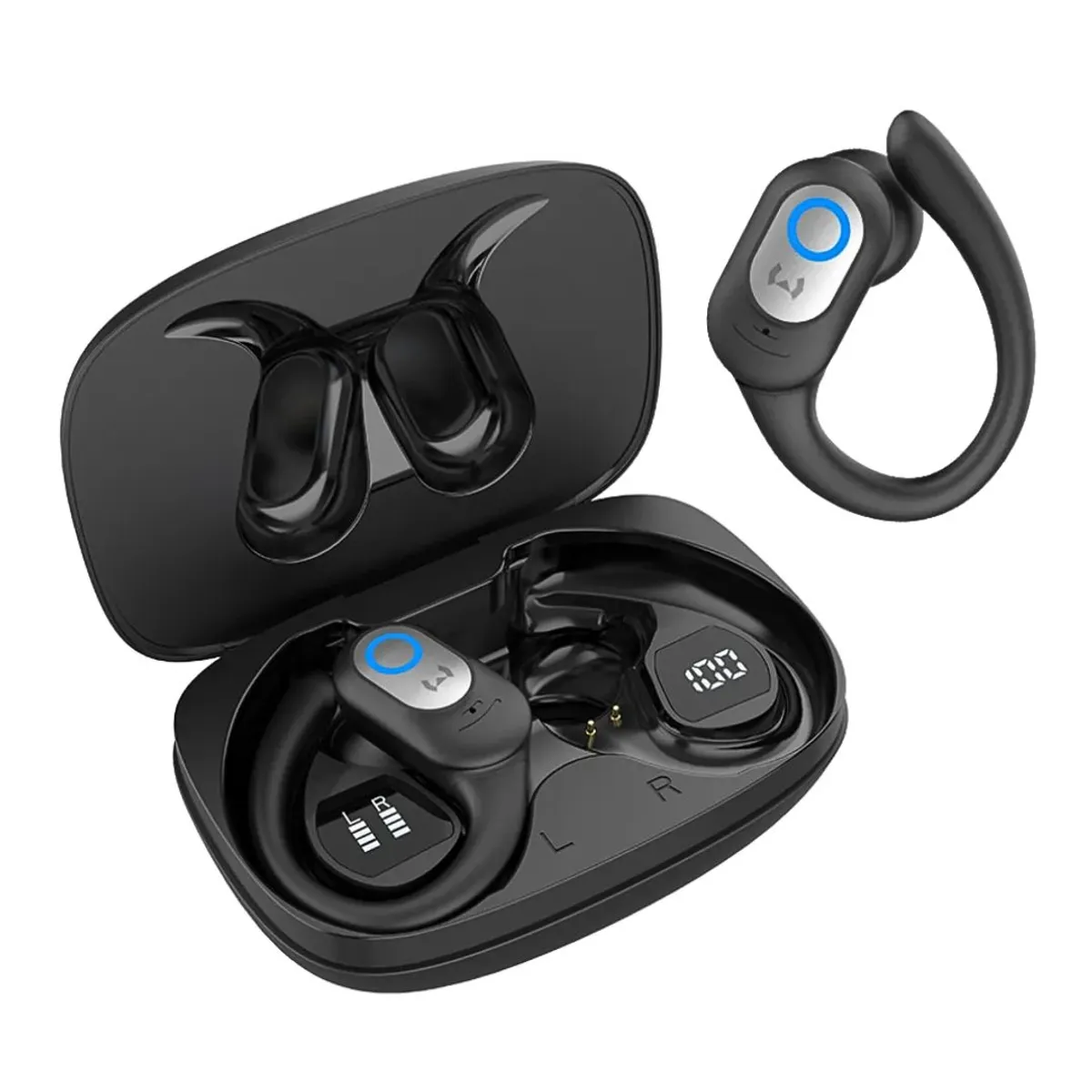 AUDÍFONOS BLUETOOTH INALÁMBRICOS DEPORTIVOS CON GANCHO TWS PANTALLA LED MICCELL VQ-BH96 - 1