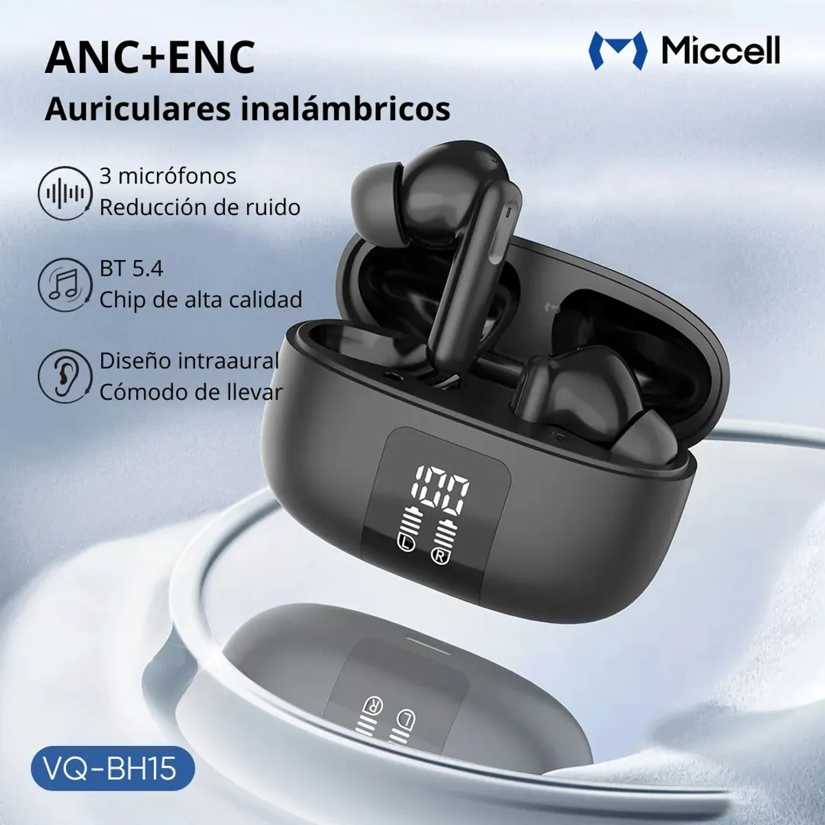 AUDÍFONOS BLUETOOTH ANC ENC CANCELACIÓN DE RUIDO BT 5.4 ESTUCHE DE CARGA MICCELL VQ-BH15 - 2