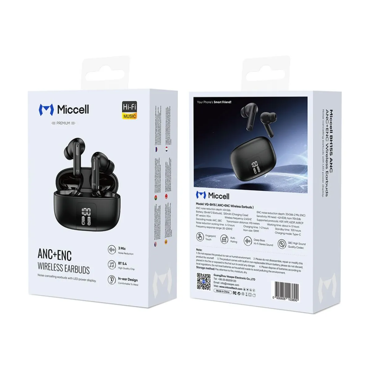 AUDÍFONOS BLUETOOTH ANC ENC CANCELACIÓN DE RUIDO BT 5.4 ESTUCHE DE CARGA MICCELL VQ-BH15 - 6