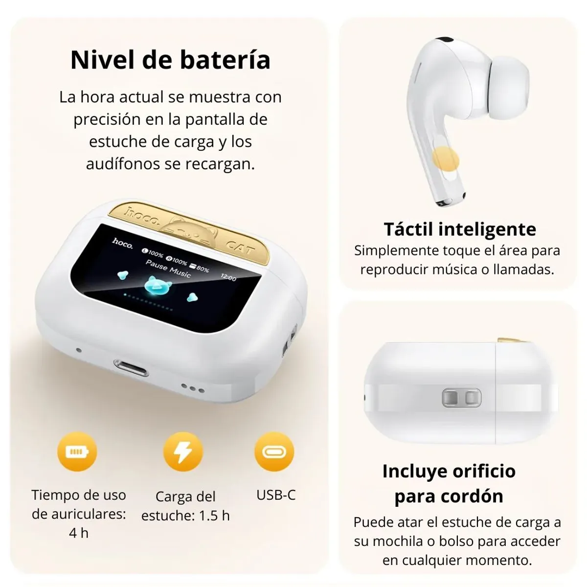 AUDÍFONOS BLUETOOTH HOCO EW88 TWS CON ANC PANTALLA TÁCTIL LCD Y BLUETOOTH 5.4 - 8