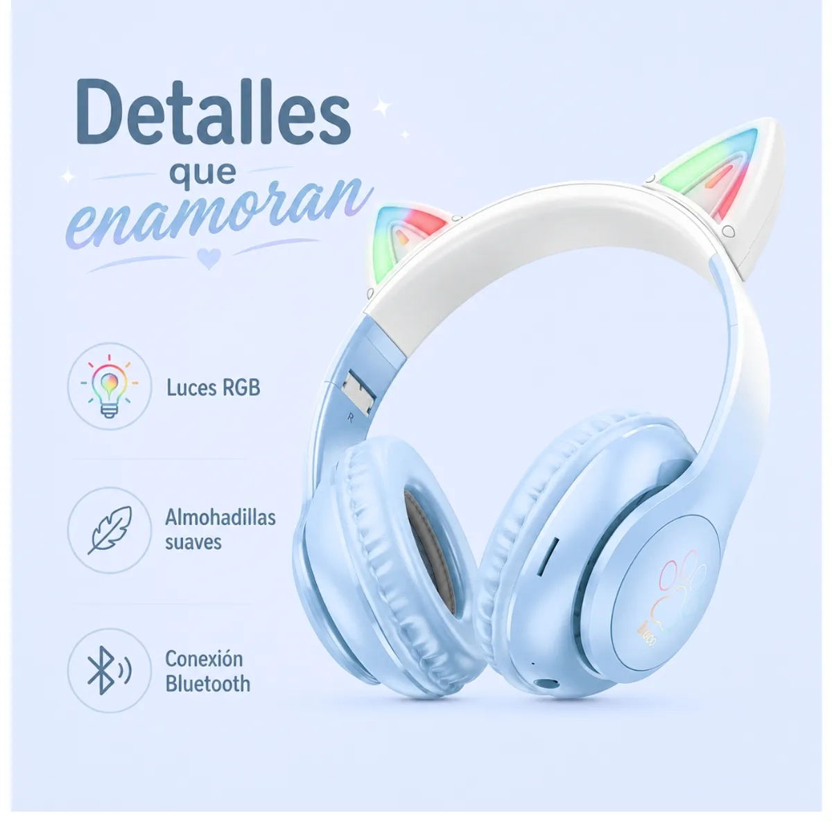 AUDÍFONOS BLUETOOTH HOCO W42 CAT EARS RGB CON MICRÓFONO LUCES LED TF Y AUX - 6