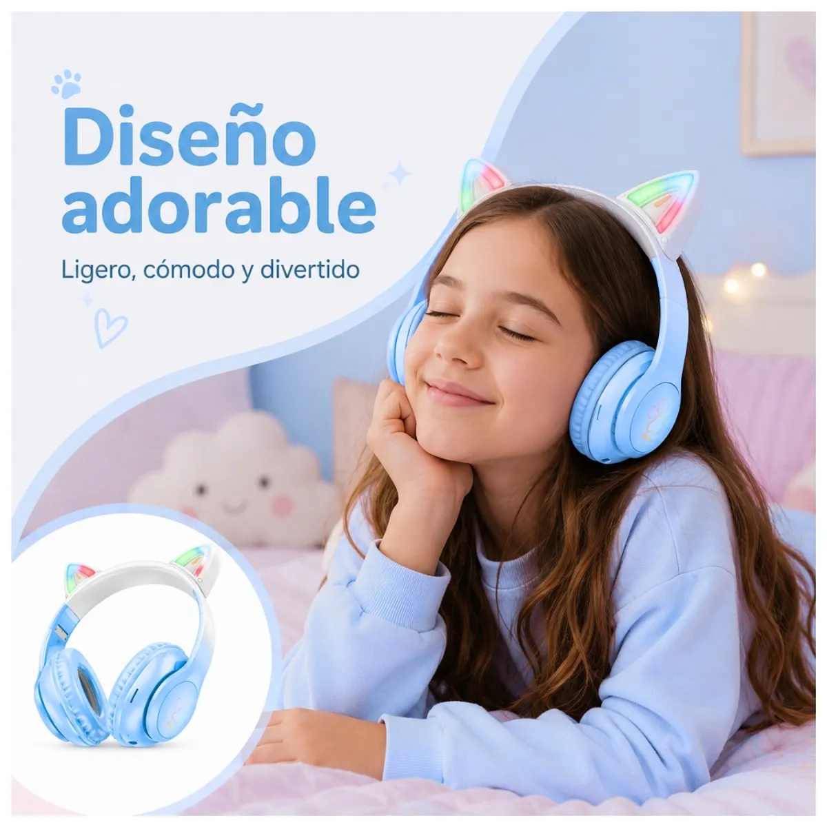 AUDÍFONOS BLUETOOTH HOCO W42 CAT EARS RGB CON MICRÓFONO LUCES LED TF Y AUX - 7