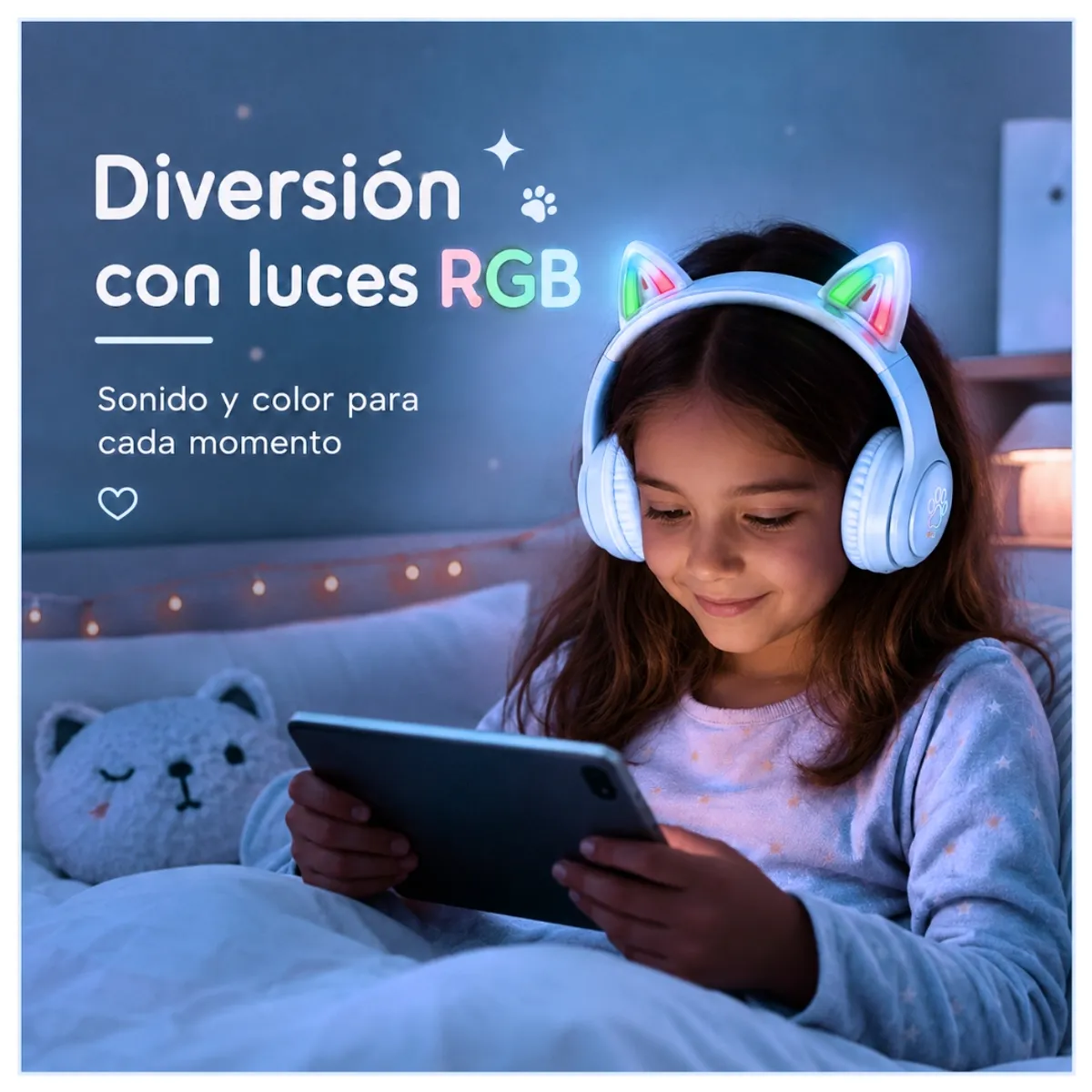 AUDÍFONOS BLUETOOTH HOCO W42 CAT EARS RGB CON MICRÓFONO LUCES LED TF Y AUX - 8