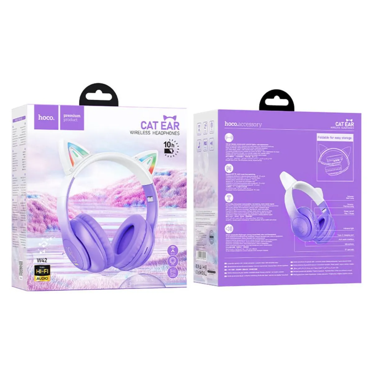AUDÍFONOS BLUETOOTH HOCO W42 CAT EARS RGB CON MICRÓFONO LUCES LED TF Y AUX - 2