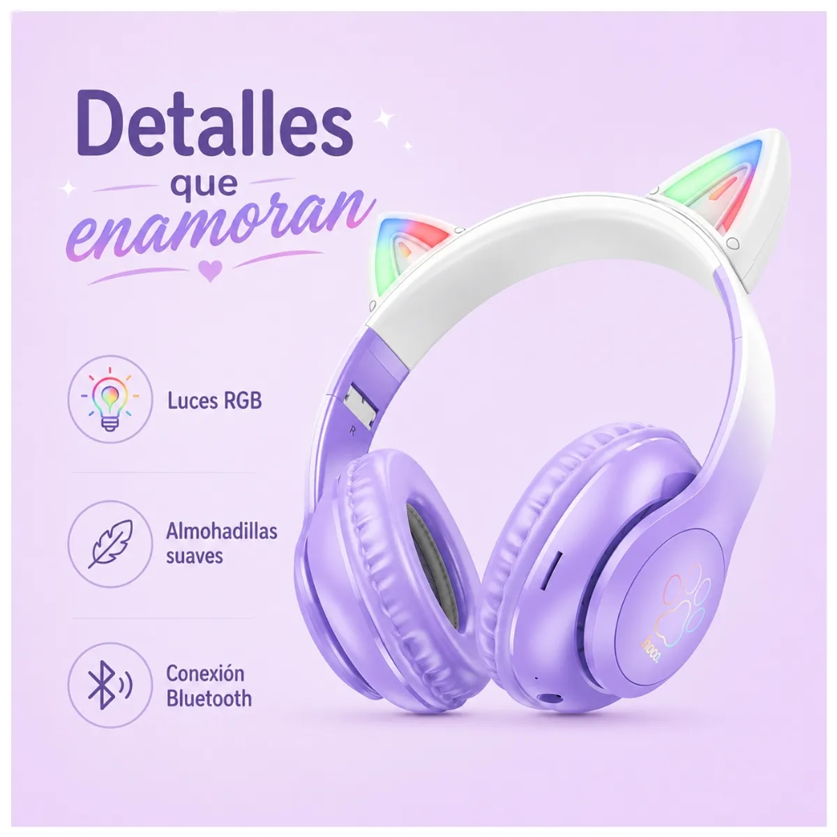AUDÍFONOS BLUETOOTH HOCO W42 CAT EARS RGB CON MICRÓFONO LUCES LED TF Y AUX - 5