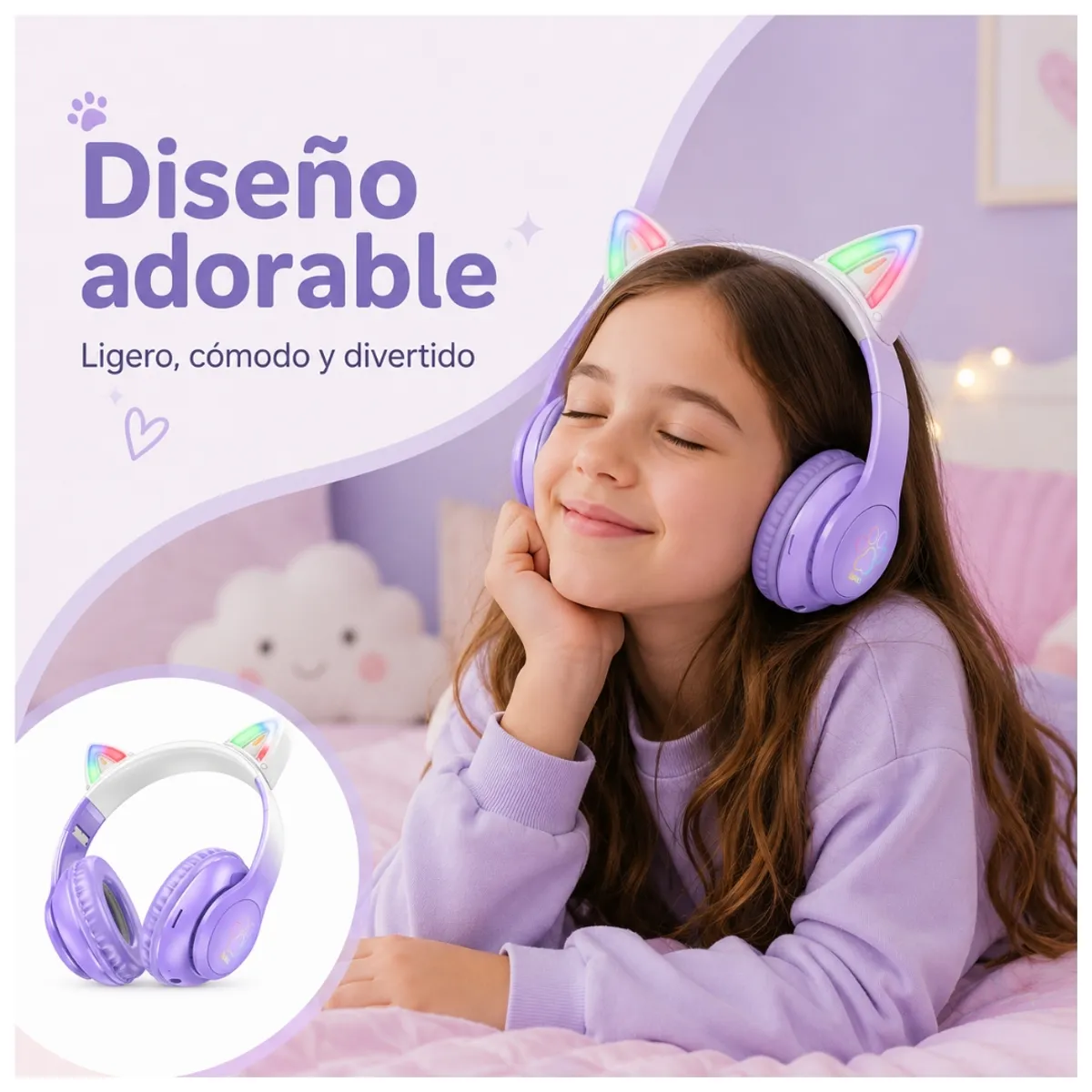 AUDÍFONOS BLUETOOTH HOCO W42 CAT EARS RGB CON MICRÓFONO LUCES LED TF Y AUX - 6