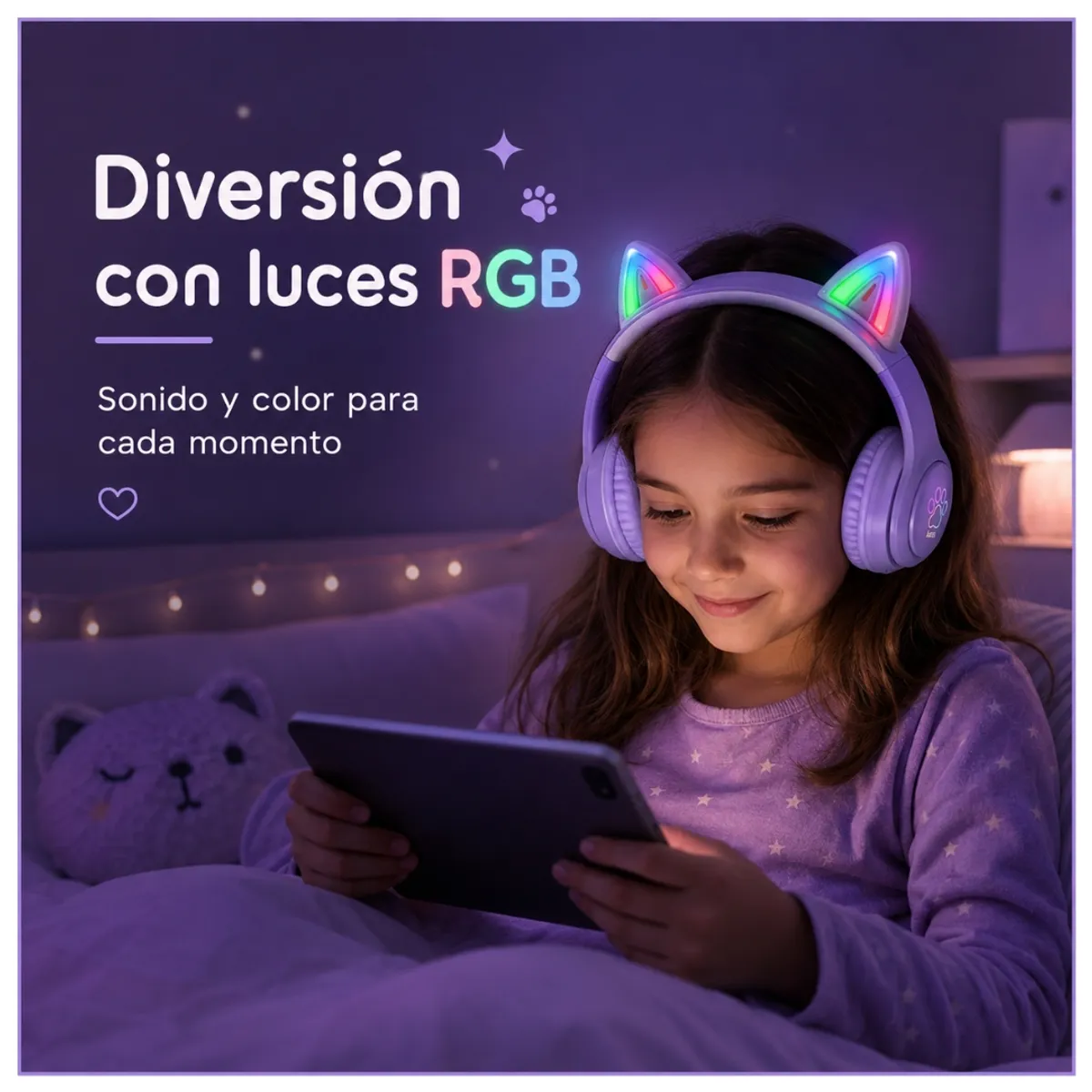AUDÍFONOS BLUETOOTH HOCO W42 CAT EARS RGB CON MICRÓFONO LUCES LED TF Y AUX - 7