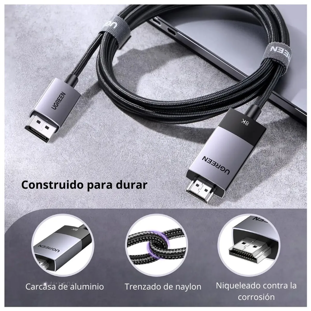 CABLE DISPLAYPORT A HDMI UGREEN 2M 8K 60HZ 4K 120HZ ACTIVO HDR HDMI 2.1 PARA MONITOR Y TV - 2