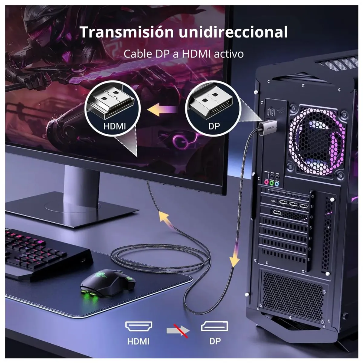 CABLE DISPLAYPORT A HDMI UGREEN 2M 8K 60HZ 4K 120HZ ACTIVO HDR HDMI 2.1 PARA MONITOR Y TV - 4