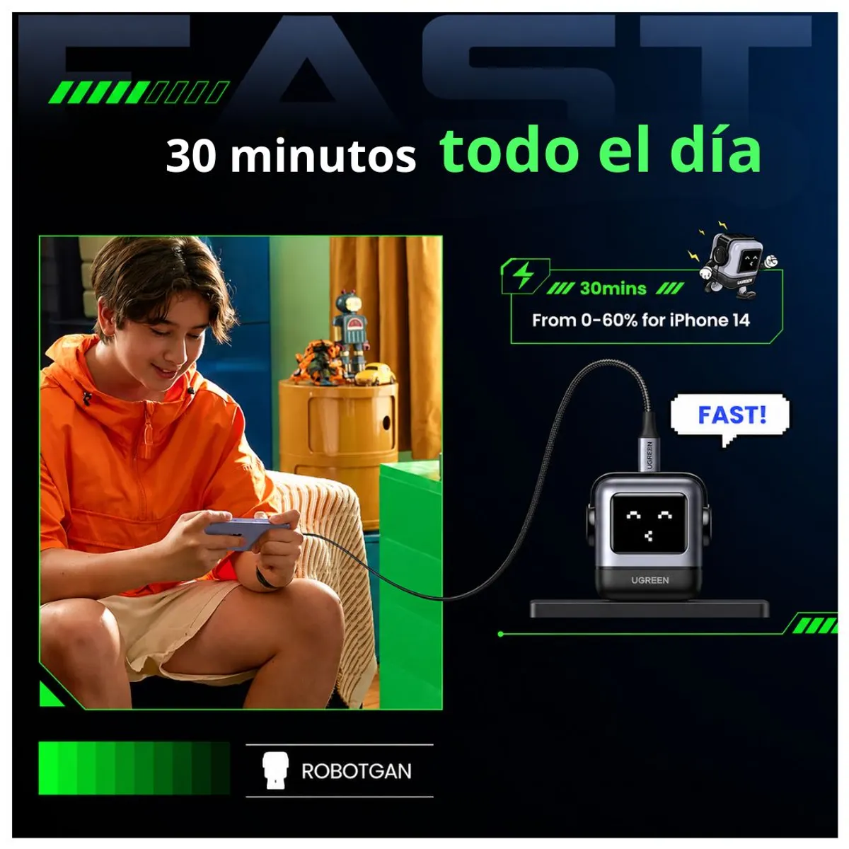 CARGADOR UGREEN UNO RG CD359 30W USB-C GAN PD PPS CARGA RÁPIDA CON PANTALLA LED ROBOT - 3