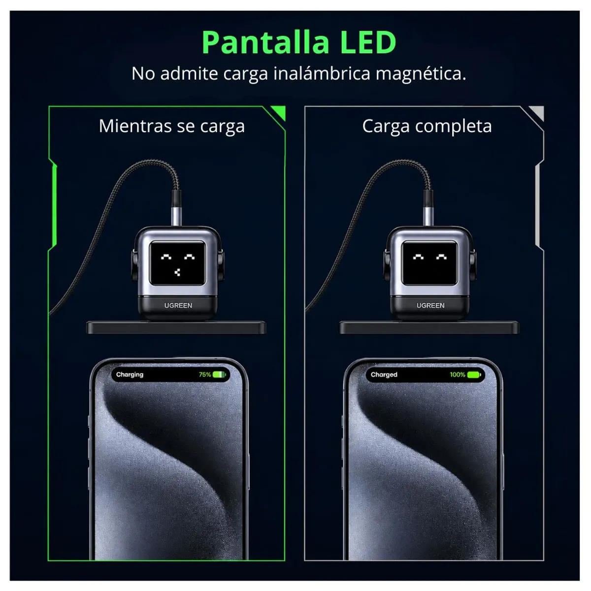 CARGADOR UGREEN UNO RG CD359 30W USB-C GAN PD PPS CARGA RÁPIDA CON PANTALLA LED ROBOT - 5