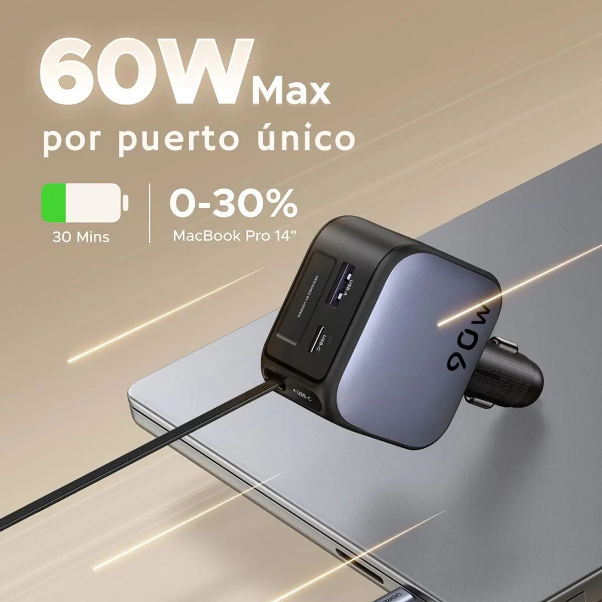 CARGADOR PARA AUTO UGREEN EC603 90W CON CABLE RETRÁCTIL USB-C PD 3.0 Y USB-A - 2