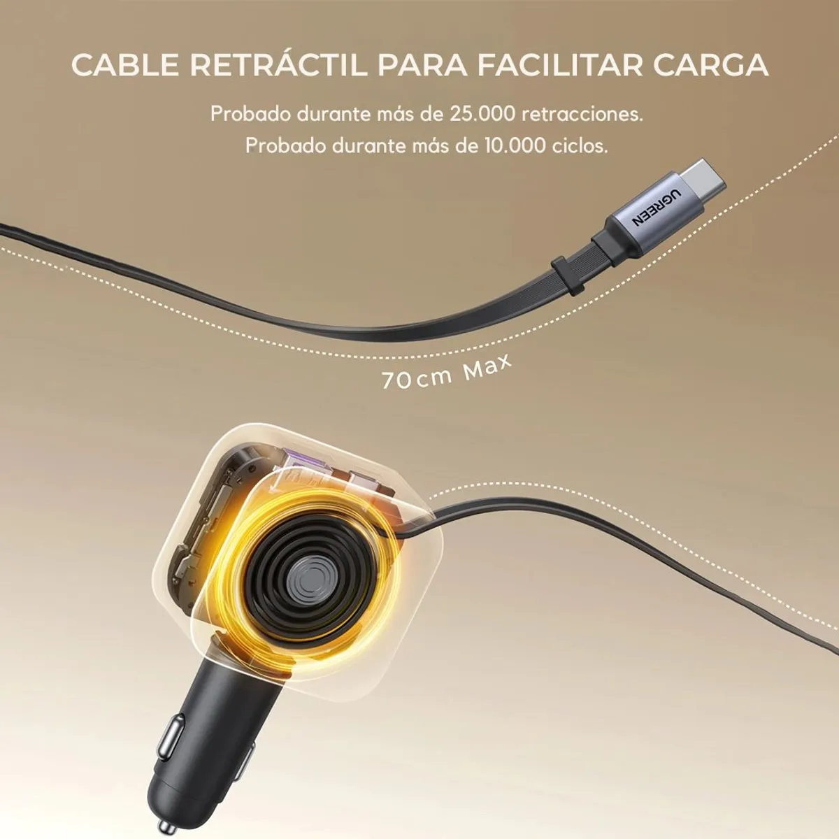 CARGADOR PARA AUTO UGREEN EC603 90W CON CABLE RETRÁCTIL USB-C PD 3.0 Y USB-A - 3