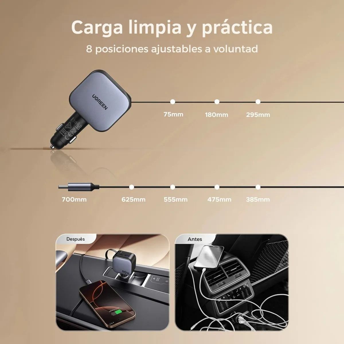 CARGADOR PARA AUTO UGREEN EC603 90W CON CABLE RETRÁCTIL USB-C PD 3.0 Y USB-A - 5