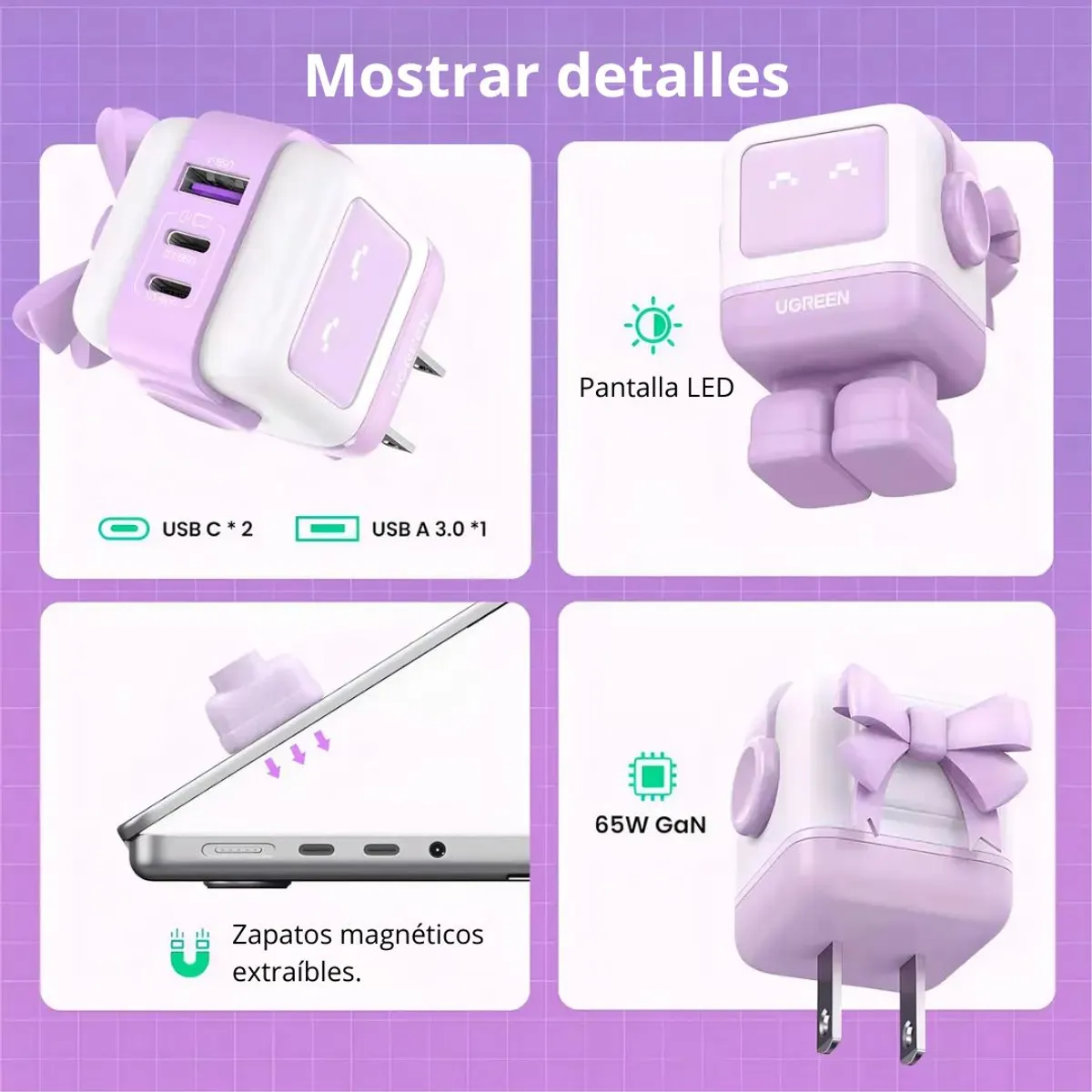 CARGADOR GAN DE PARED UGREEN UNO RG CD361 65W ROBOT 3 PUERTOS USB-C USB-A PÚRPURA - 2