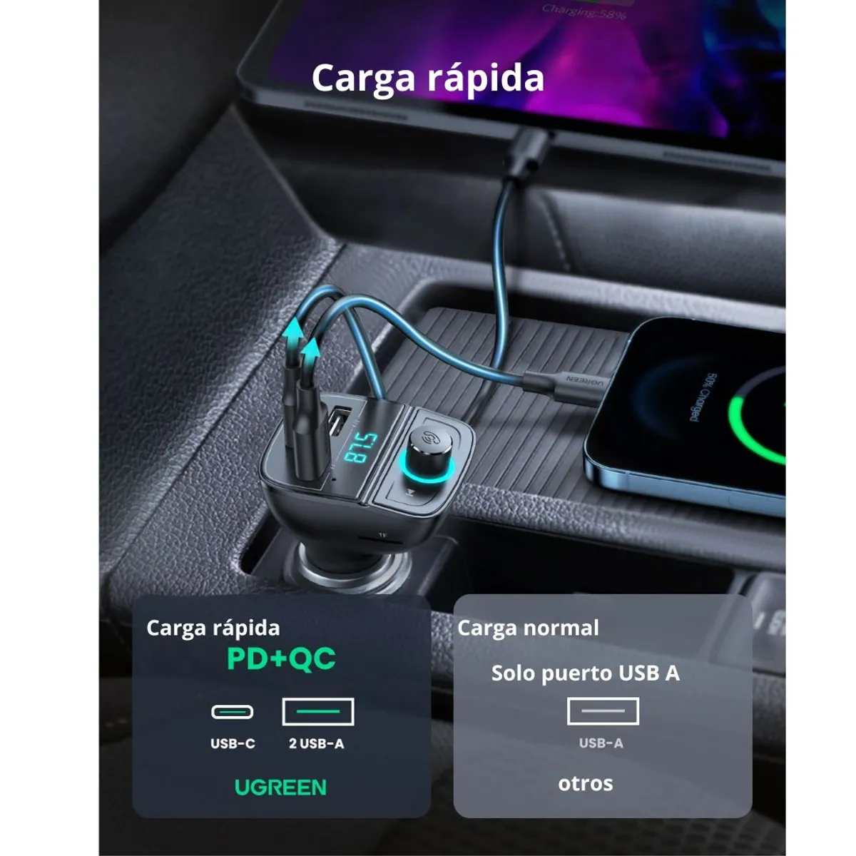 TRANSMISOR FM BLUETOOTH UGREEN CD229 PARA AUTO CON CARGADOR PD QC 31.5W Y MANOS LIBRES - 3