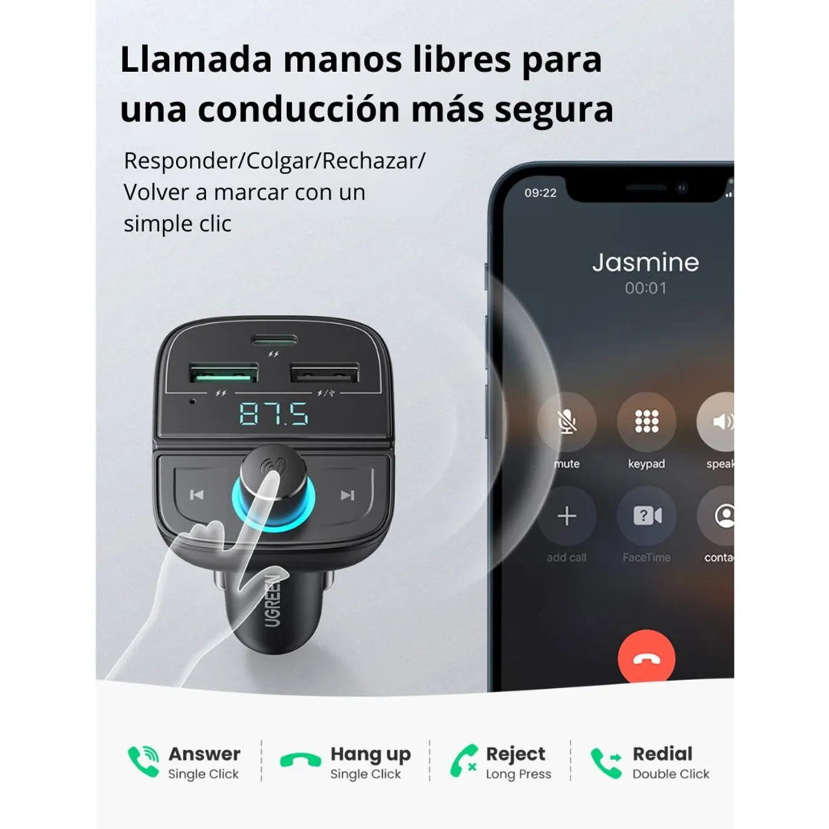 TRANSMISOR FM BLUETOOTH UGREEN CD229 PARA AUTO CON CARGADOR PD QC 31.5W Y MANOS LIBRES - 6