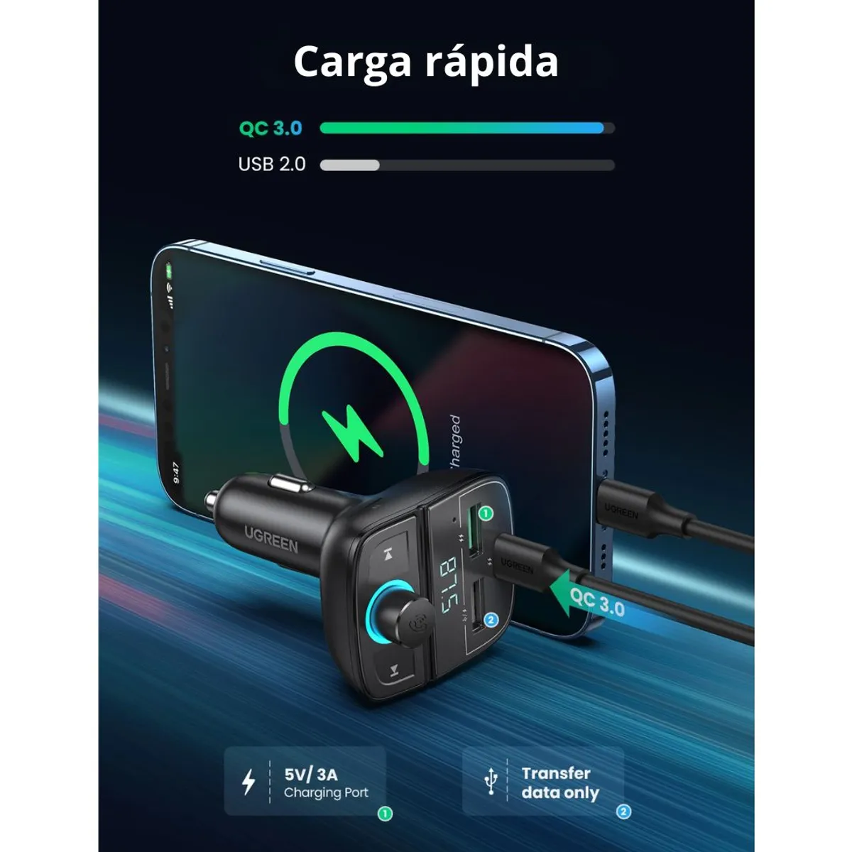 TRANSMISOR FM BLUETOOTH UGREEN CD229 PARA AUTO CON CARGADOR PD QC 31.5W Y MANOS LIBRES - 7