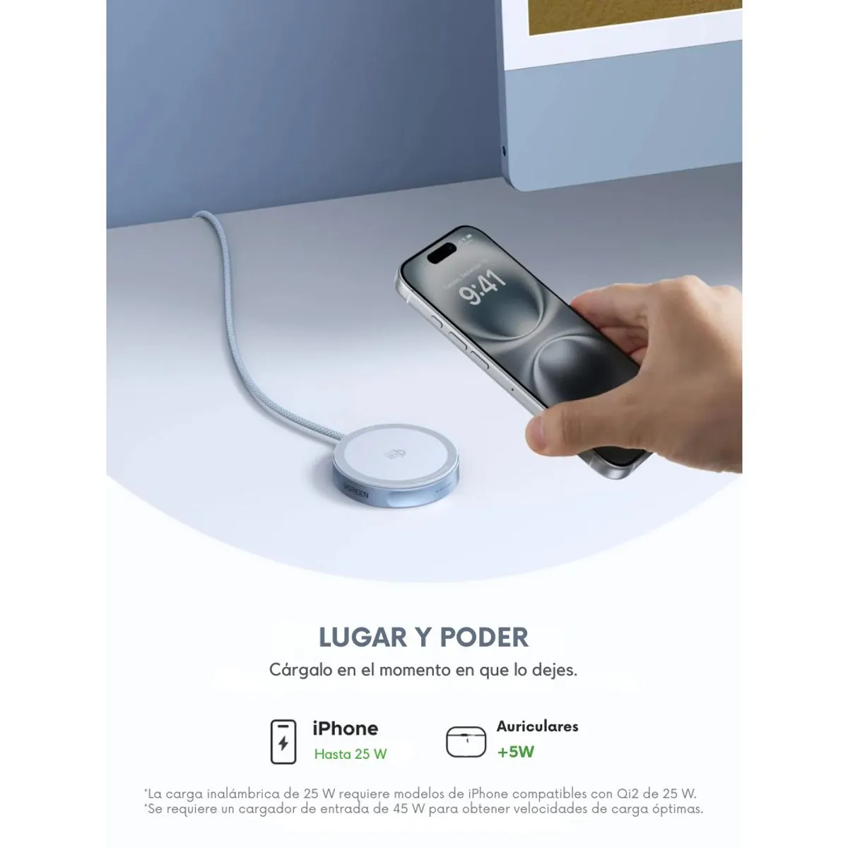 CARGADOR INALÁMBRICO MAGNÉTICO UGREEN W753 MAGFLOW QI2.2 25W PARA IPHONE MAGSAFE Y AIRPODS - 4