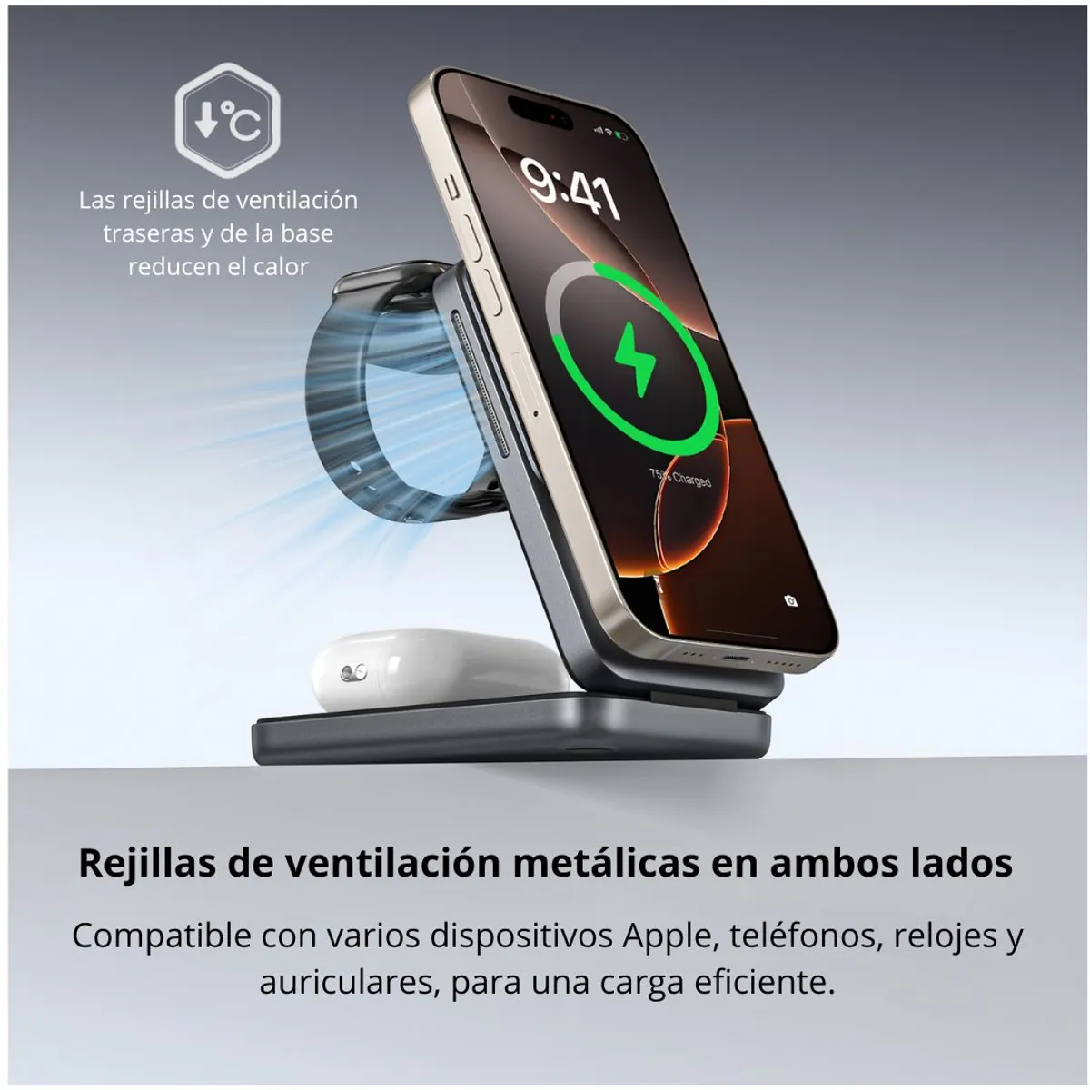CARGADOR INALÁMBRICO MAGNÉTICO 3 EN 1 15W PARA CELULAR, RELOJ Y AURICULARES MICCELL VQ-W18 - 3