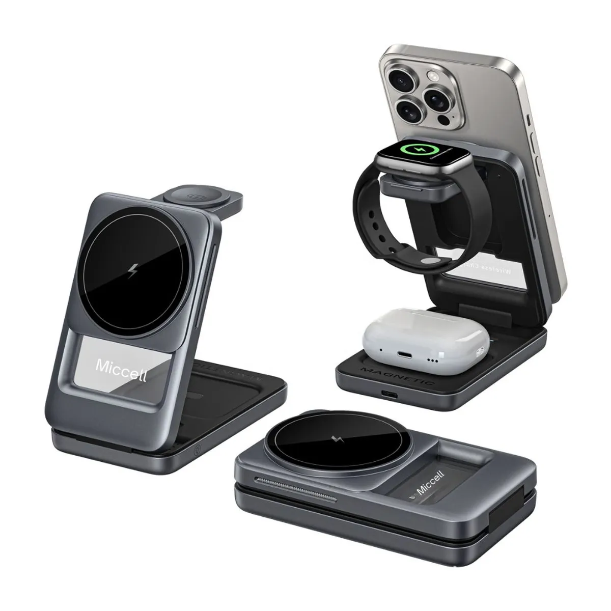CARGADOR INALÁMBRICO MAGNÉTICO 3 EN 1 15W PARA CELULAR, RELOJ Y AURICULARES MICCELL VQ-W18 - 8