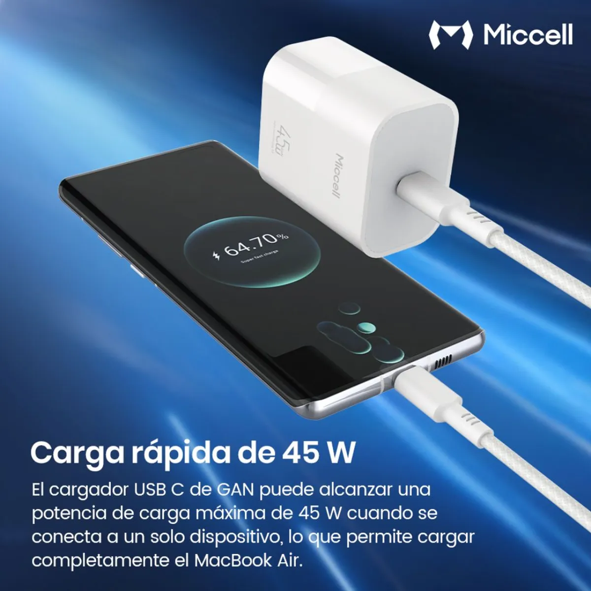 CARGADOR RÁPIDO MICCELL 45W GAN USB-C PD PPS PARA SAMSUNG SUPER FAST CHARGING 2.0 - 5