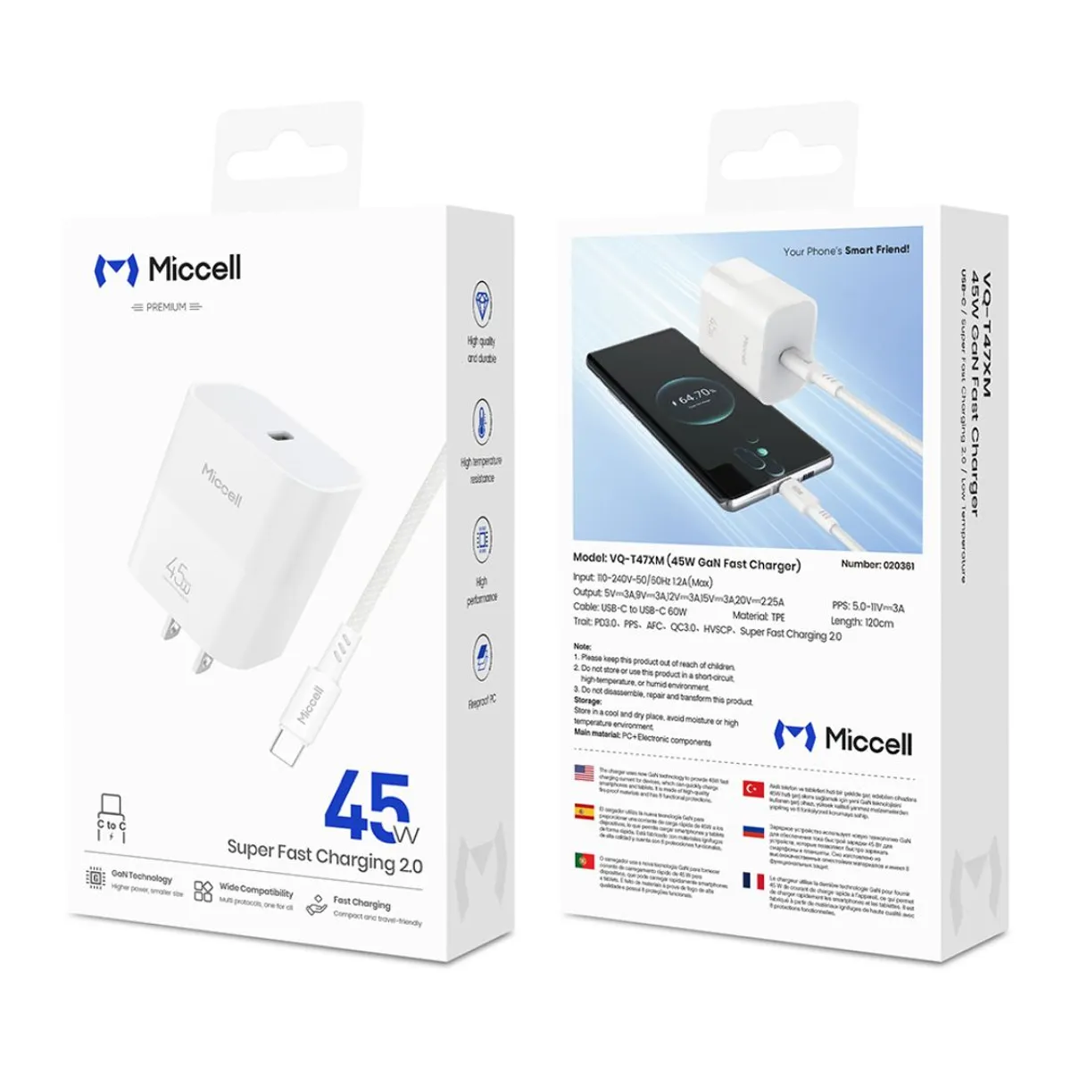CARGADOR RÁPIDO MICCELL 45W GAN USB-C PD PPS PARA SAMSUNG SUPER FAST CHARGING 2.0 - 6