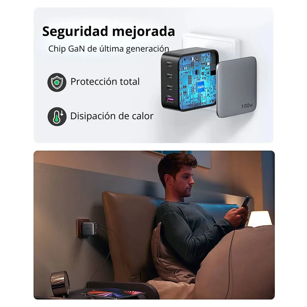 CARGADOR RÁPIDO GAN UGREEN NEXODE 100W DE 4 PUERTOS CON 3 USB-C Y 1 USB-A PARA LAPTOP Y CELULAR - 7