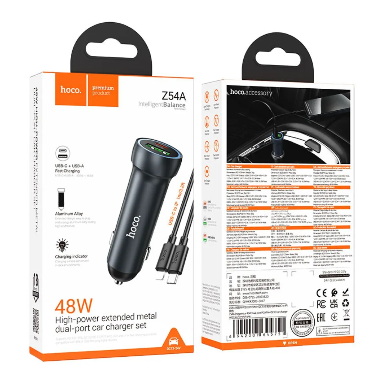 CARGADOR PARA AUTO HOCO Z54A 48W USB-C PD 30W USB-A 18W CON CABLE TIPO C - 2
