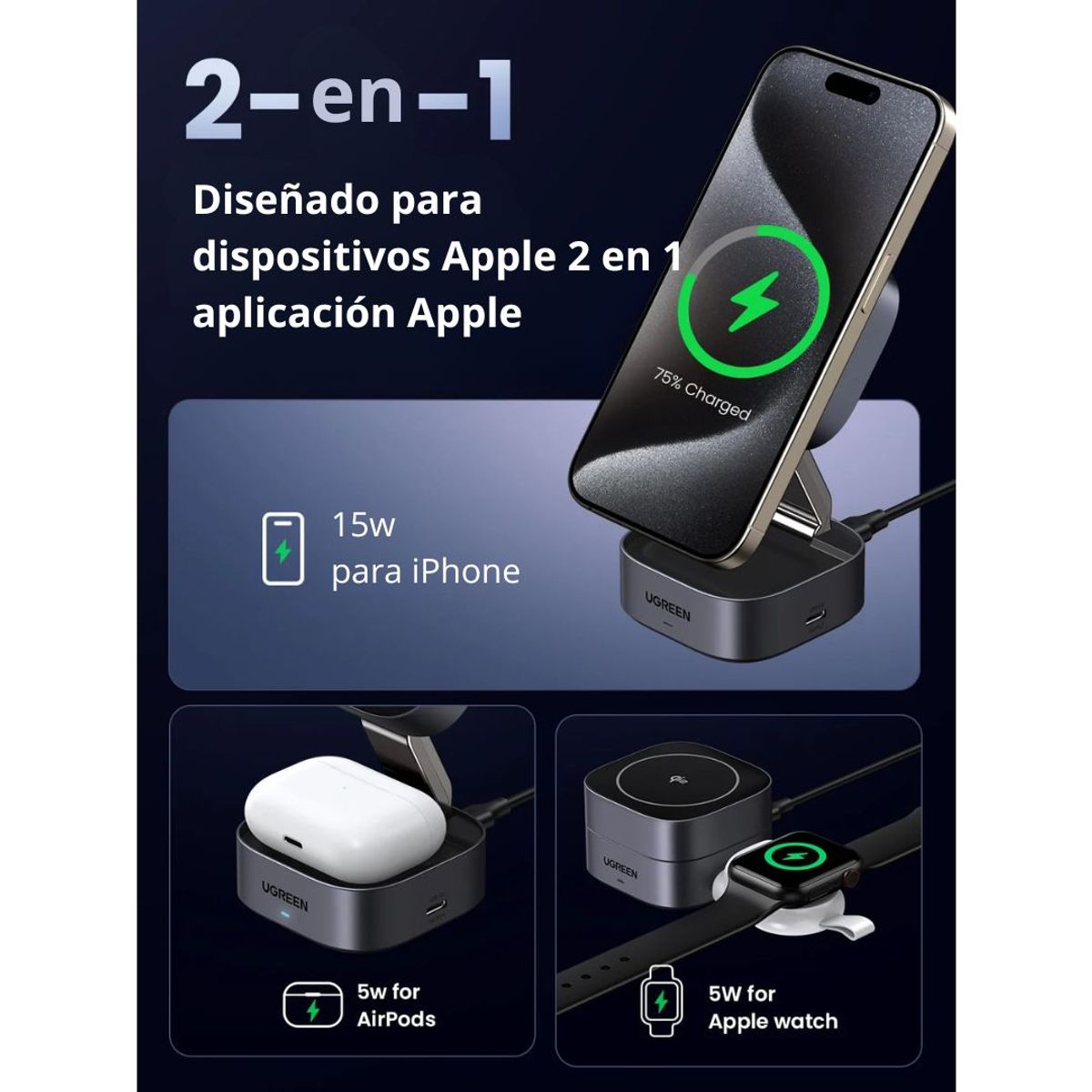 CARGADOR INALÁMBRICO MAGNÉTICO UGREEN W702 QI2 2 EN 1 15W PARA IPHONE AIRPODS - 2