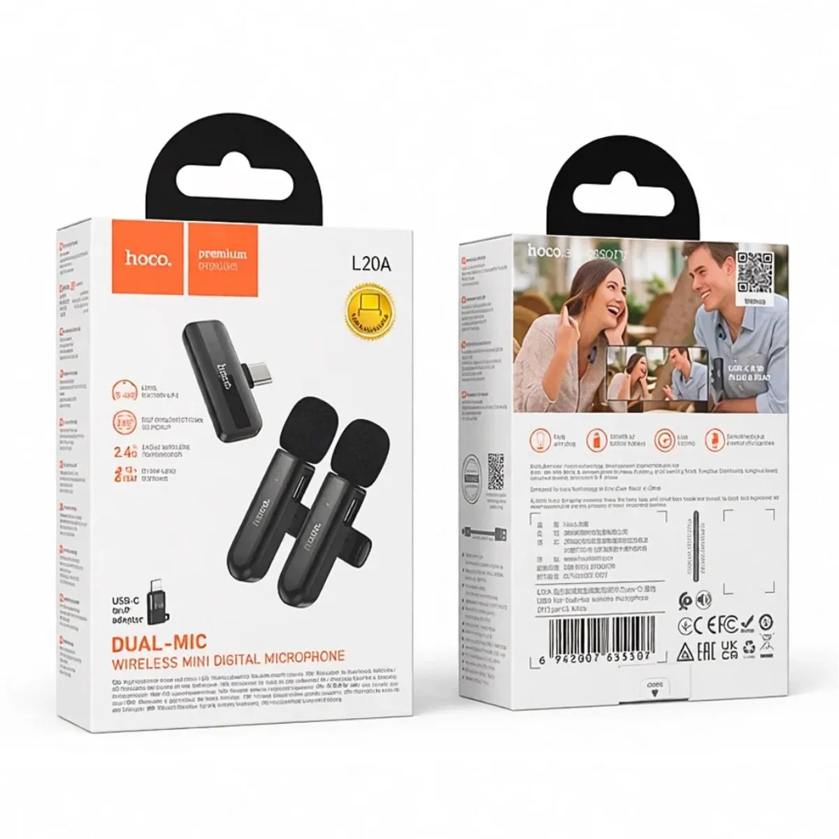 MICRÓFONO SOLAPERO INALÁMBRICO DOBLE HOCO L20A USB-C Y LIGHTNING CON REDUCCIÓN DE RUIDO - 2