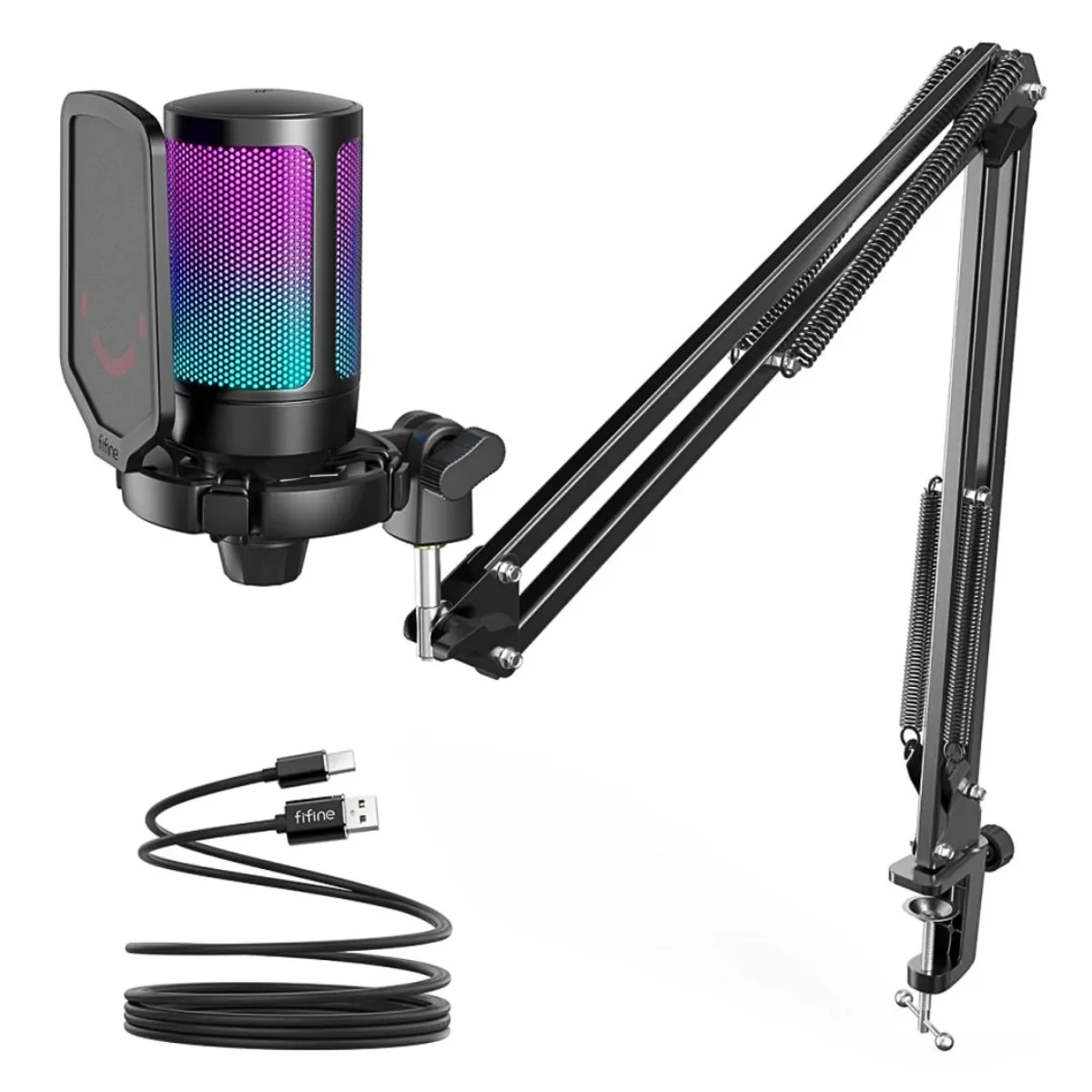 MICRÓFONO GAMER FIFINE AMPLIGAME A6T RGB USB PARA STREAMING CON BRAZO Y ANTIPOP - 1