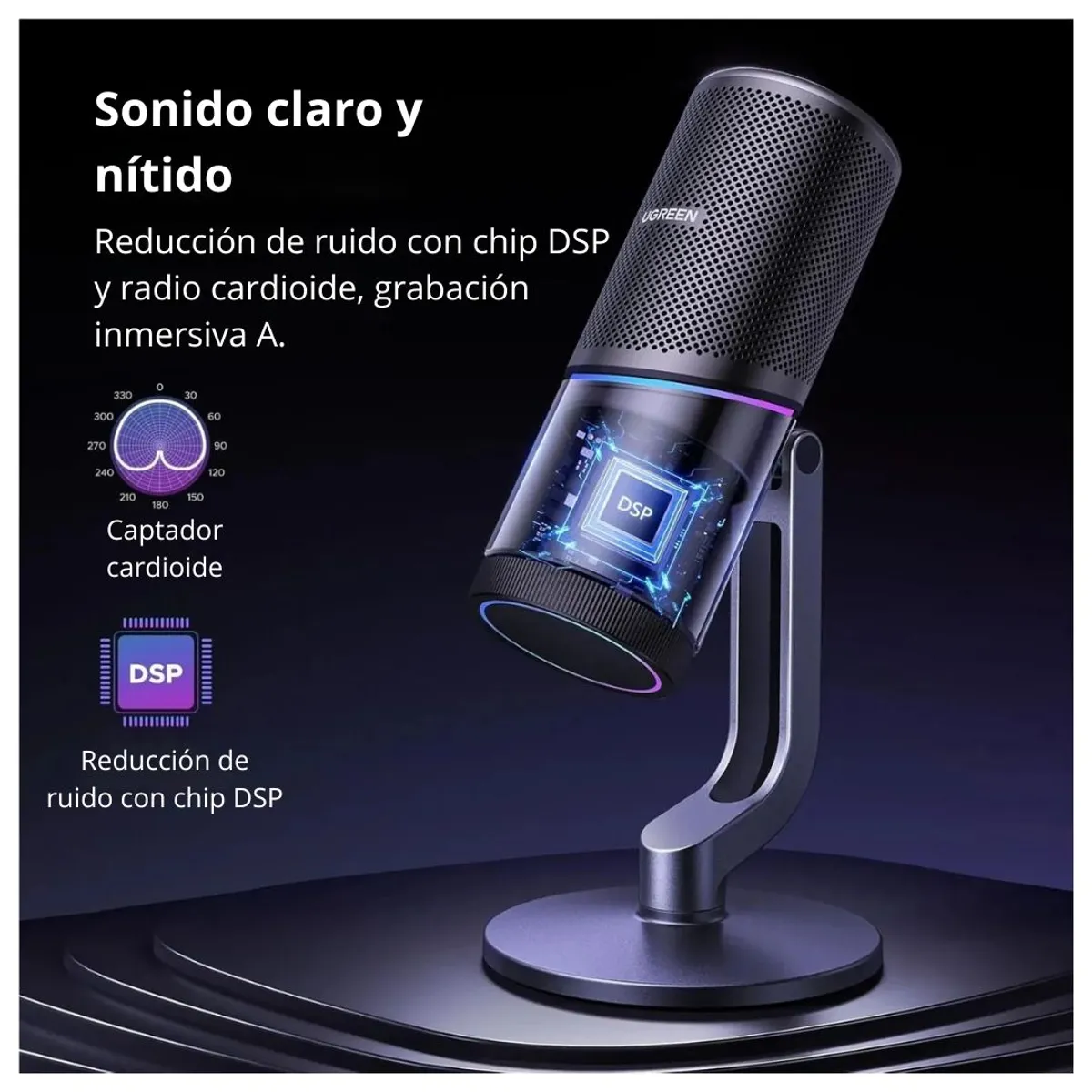 MICRÓFONO GAMER USB UGREEN CM769 RGB CARDIOIDE 24BIT 96KHZ PARA STREAMING Y PODCAST - 3