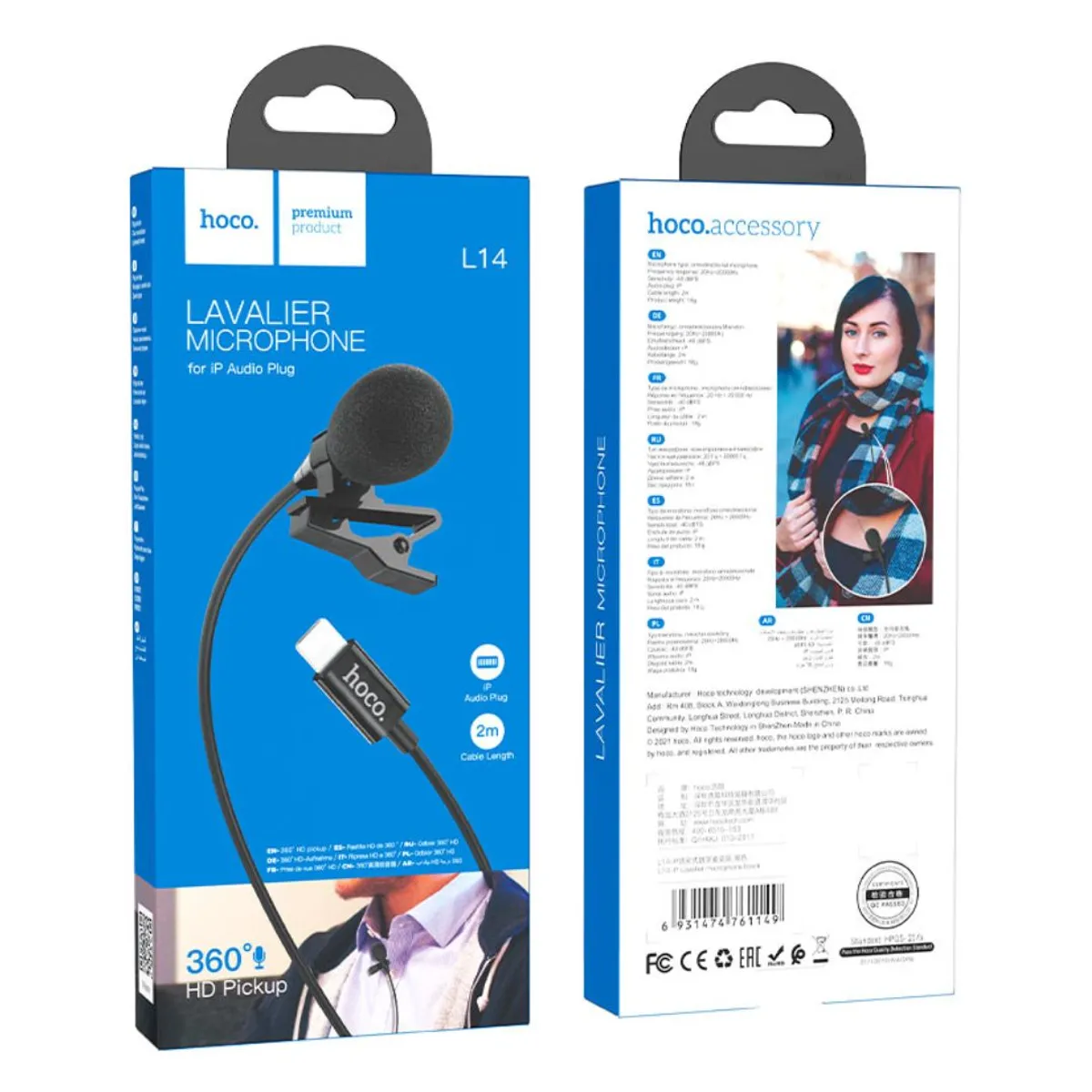 MICRÓFONO DE SOLAPA HOCO L14 LIGHTNING PARA IPHONE Y IPAD 2M - 3