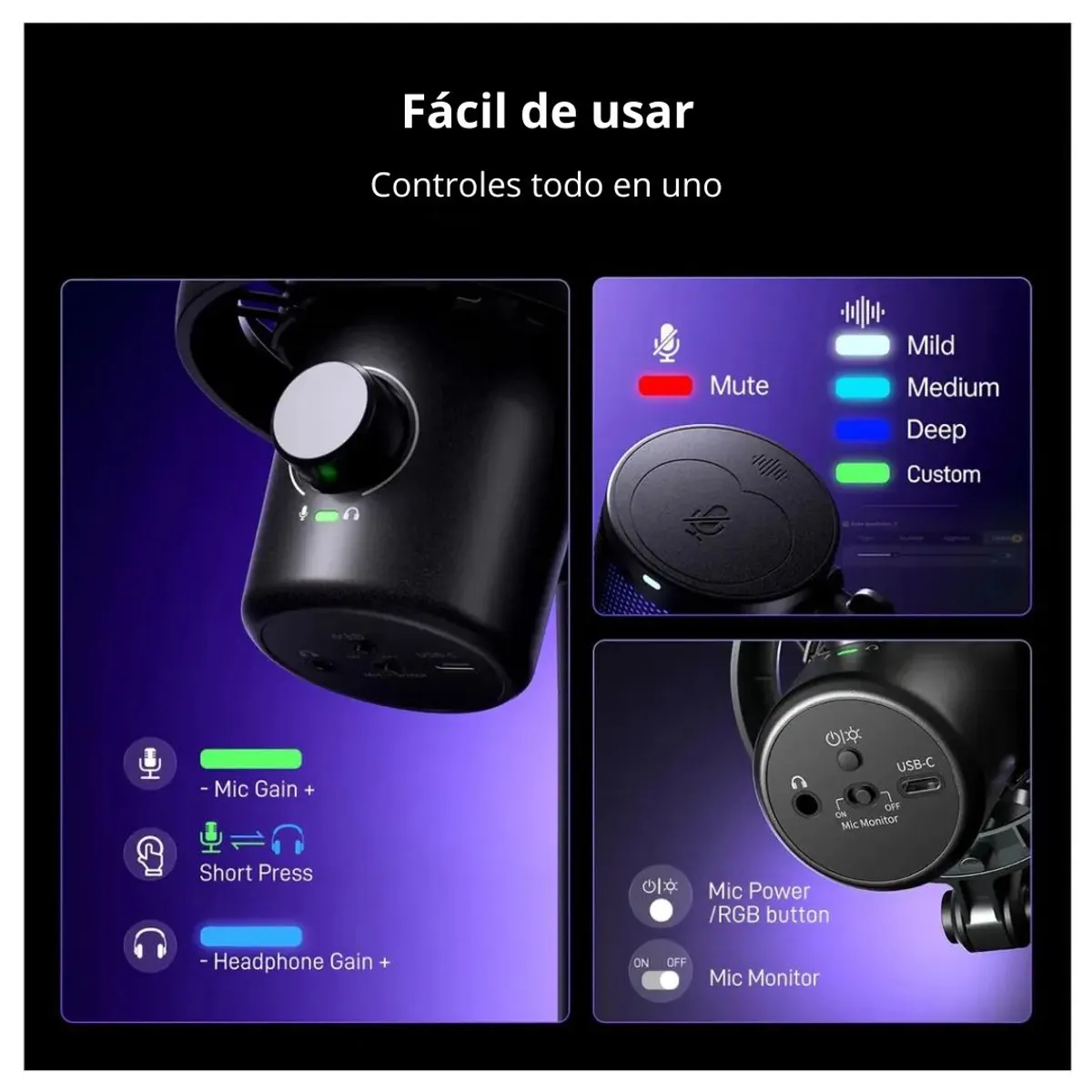 MICRÓFONO GAMER INALÁMBRICO MAONO DM40 PRO RGB USB-C PARA STREAMING PODCAST Y GAMING - 4
