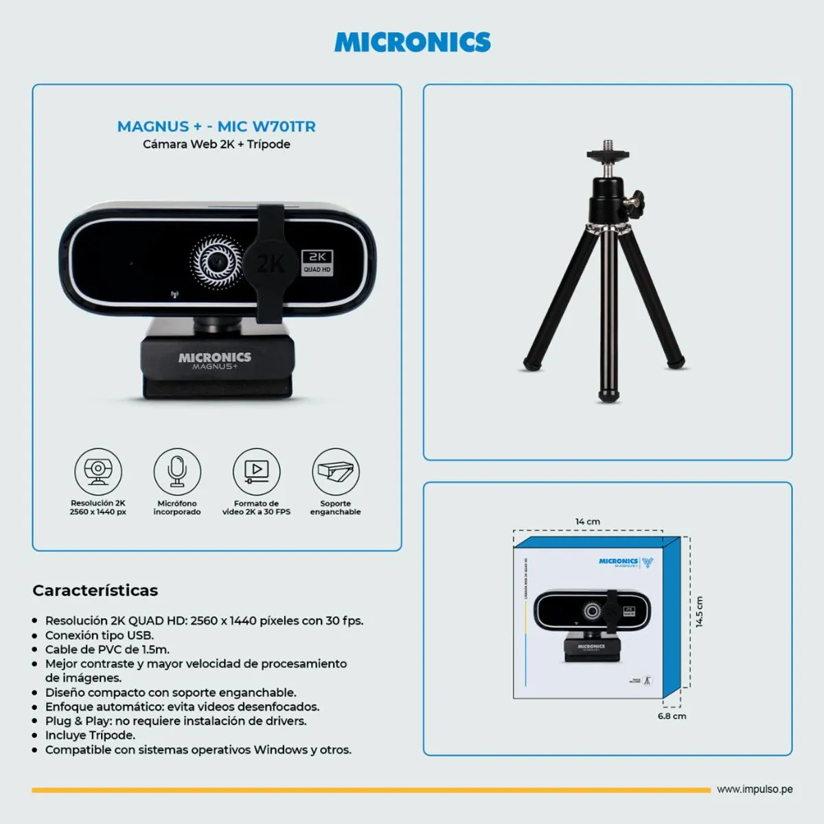 CÁMARA WEB MICRONICS MAGNUS+ 2K 5MP USB CON MICRÓFONO Y TRÍPODE - 4