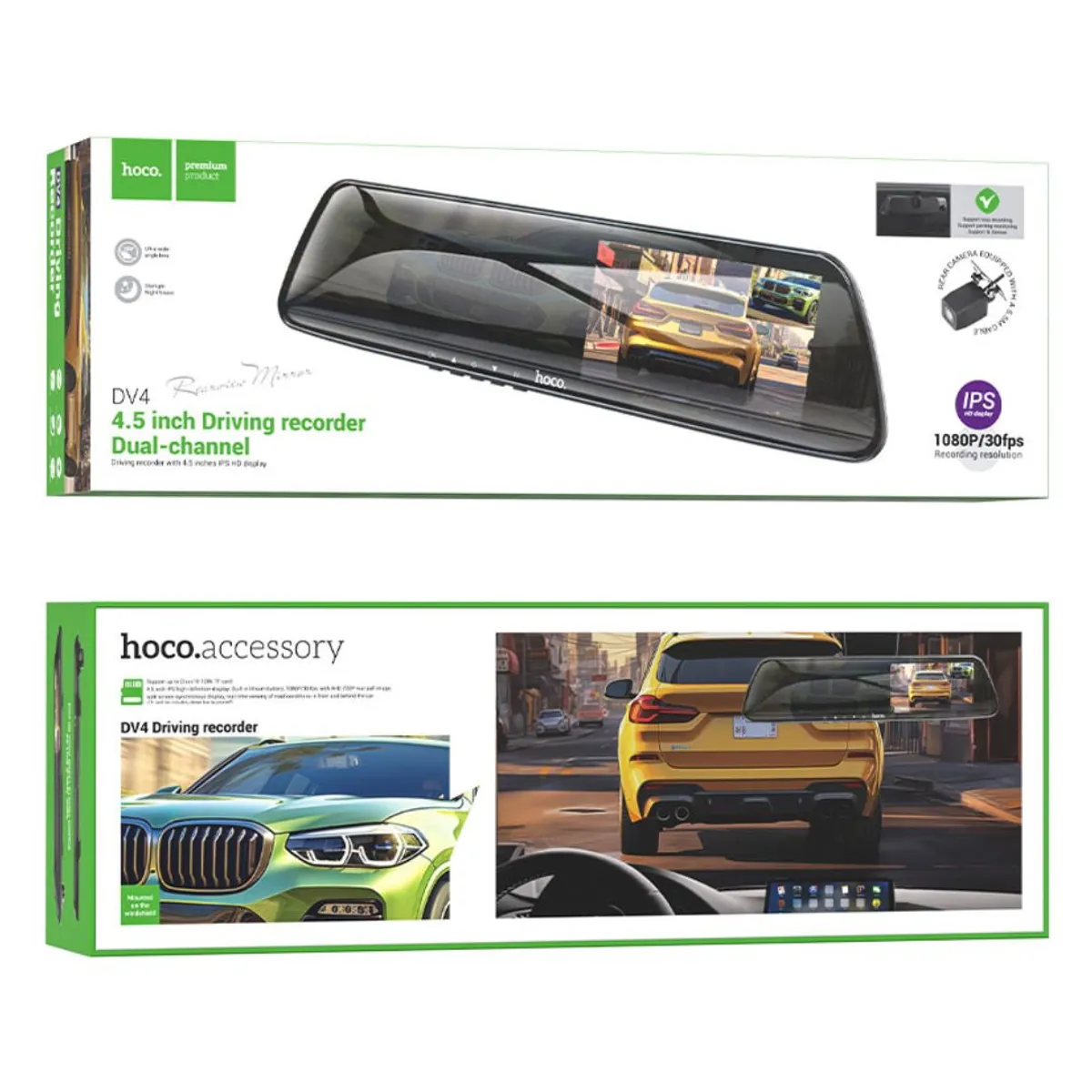 CÁMARA VEHICULAR HOCO DV4 DUAL 1080P ESPEJO RETROVISOR CON CÁMARA TRASERA Y VISIÓN NOCTURNA - 2