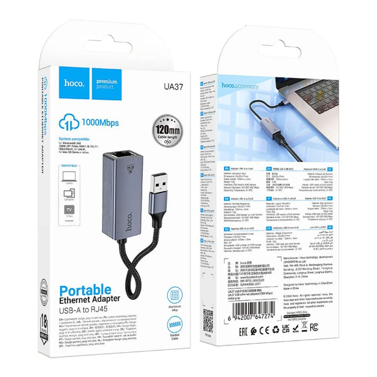 ADAPTADOR USB-A A RJ45 HOCO UA37 ETHERNET GIGABIT 1000 MBPS PARA LAPTOP PC TV Y DECODIFICADOR - 2