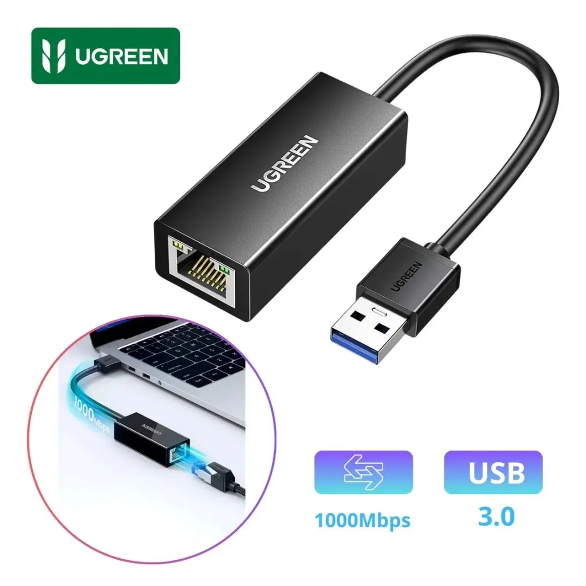 ADAPTADOR USB 3.0 A ETHERNET GIGABIT UGREEN CR111 1000MBPS RJ45 PARA LAPTOP PC SWITCH - 2