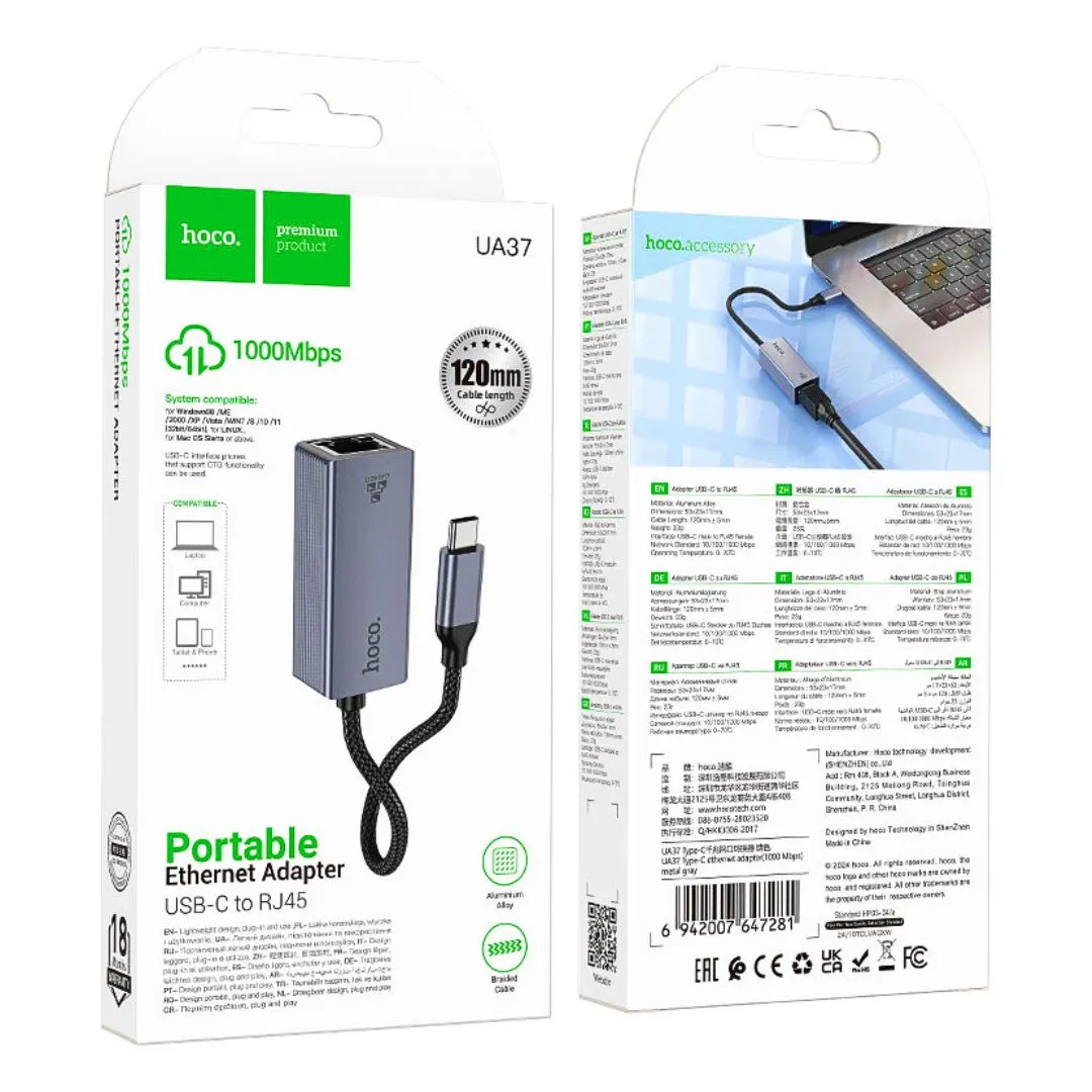 ADAPTADOR TIPO C A RJ45 HOCO UA37 ETHERNET GIGABIT 1000 MBPS PARA LAPTOP TABLET Y CELULAR - 2