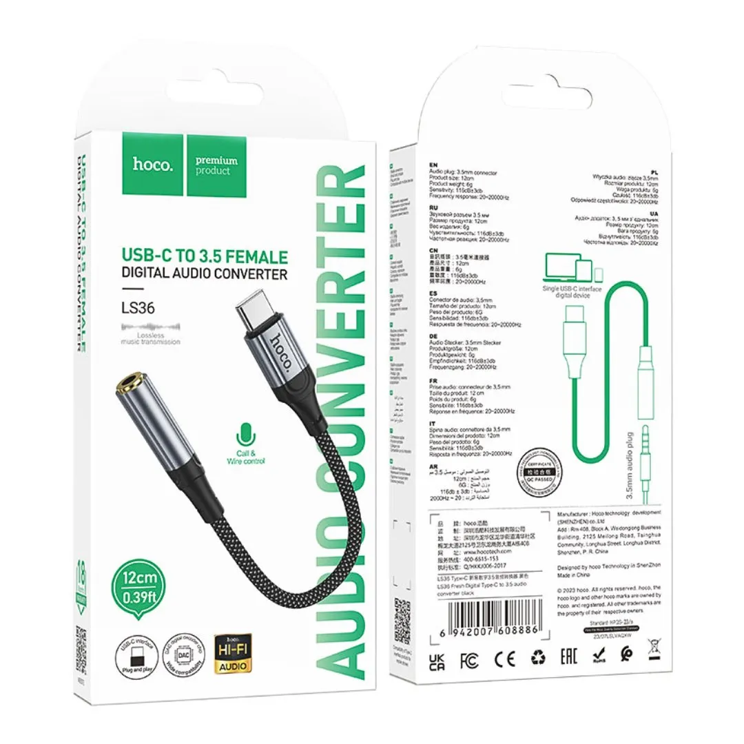 ADAPTADOR USB TIPO C A JACK 3.5 MM HOCO LS36 PARA AUDÍFONOS MICRÓFONO Y LLAMADAS - 2