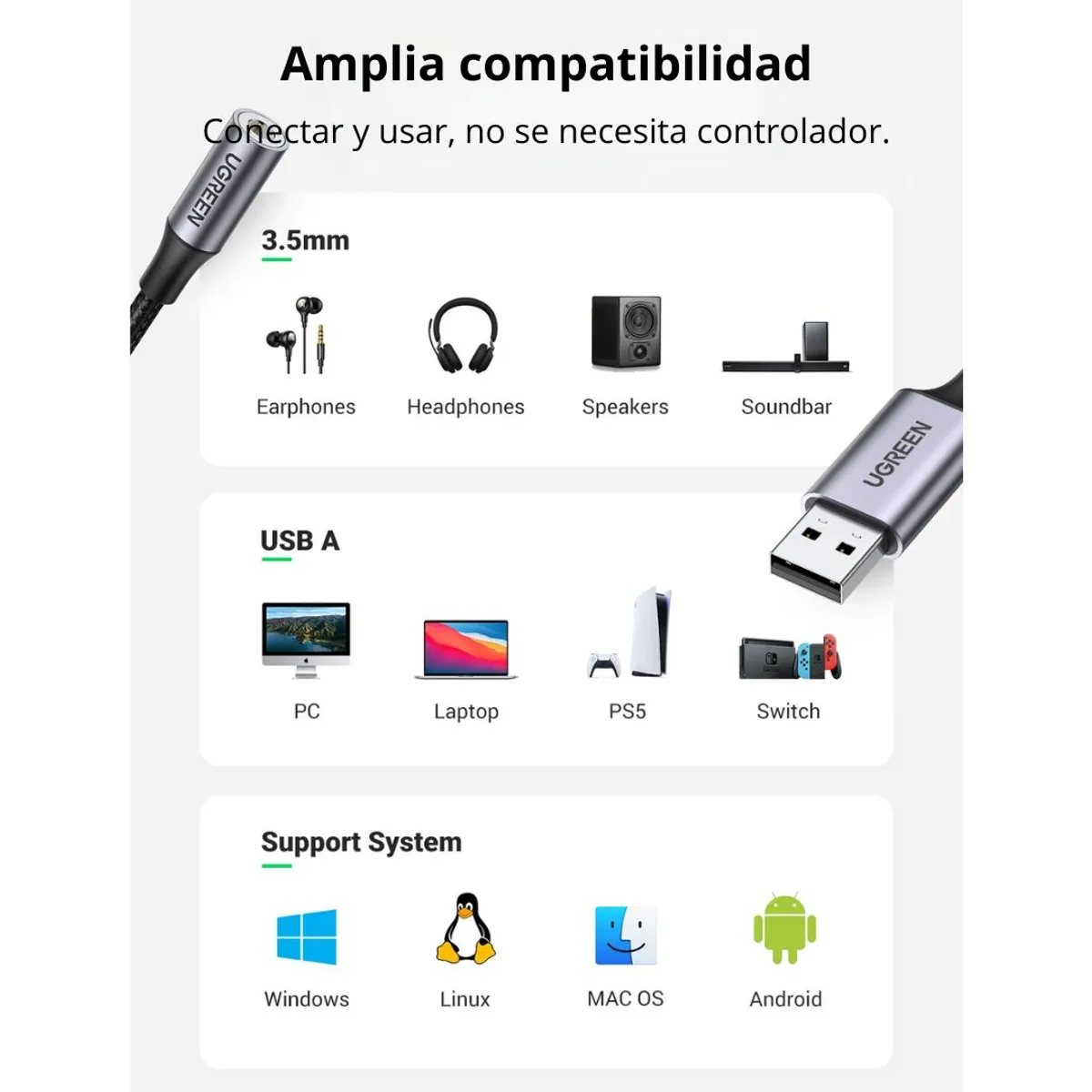 ADAPTADOR DE AUDIO USB UGREEN CM477 A JACK 3.5MM PARA AUDÍFONOS Y MICRÓFONO - 5