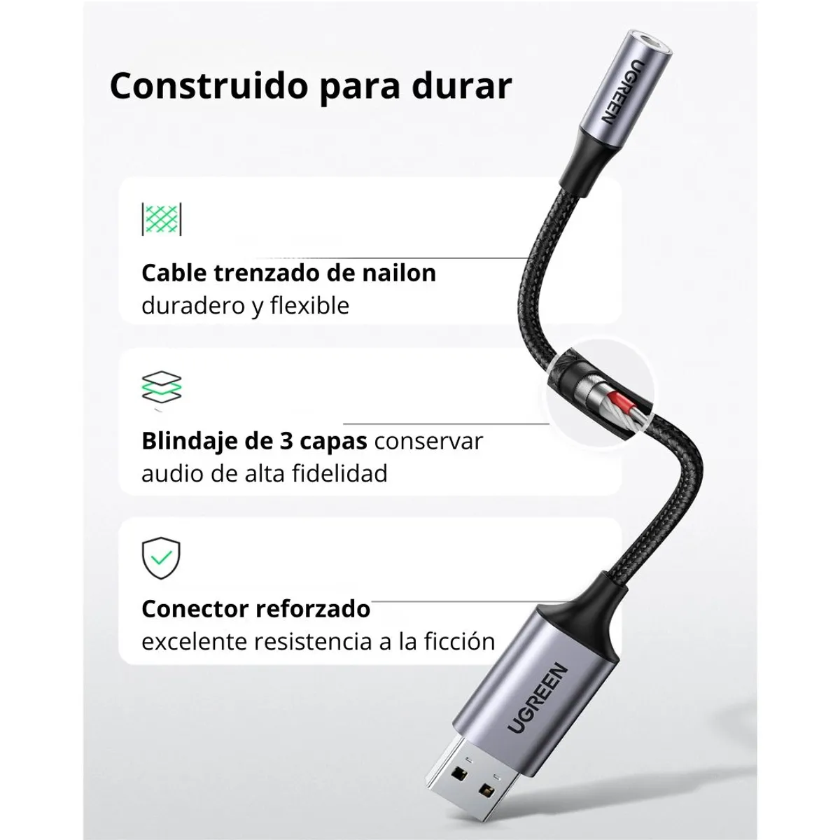 ADAPTADOR DE AUDIO USB UGREEN CM477 A JACK 3.5MM PARA AUDÍFONOS Y MICRÓFONO - 6