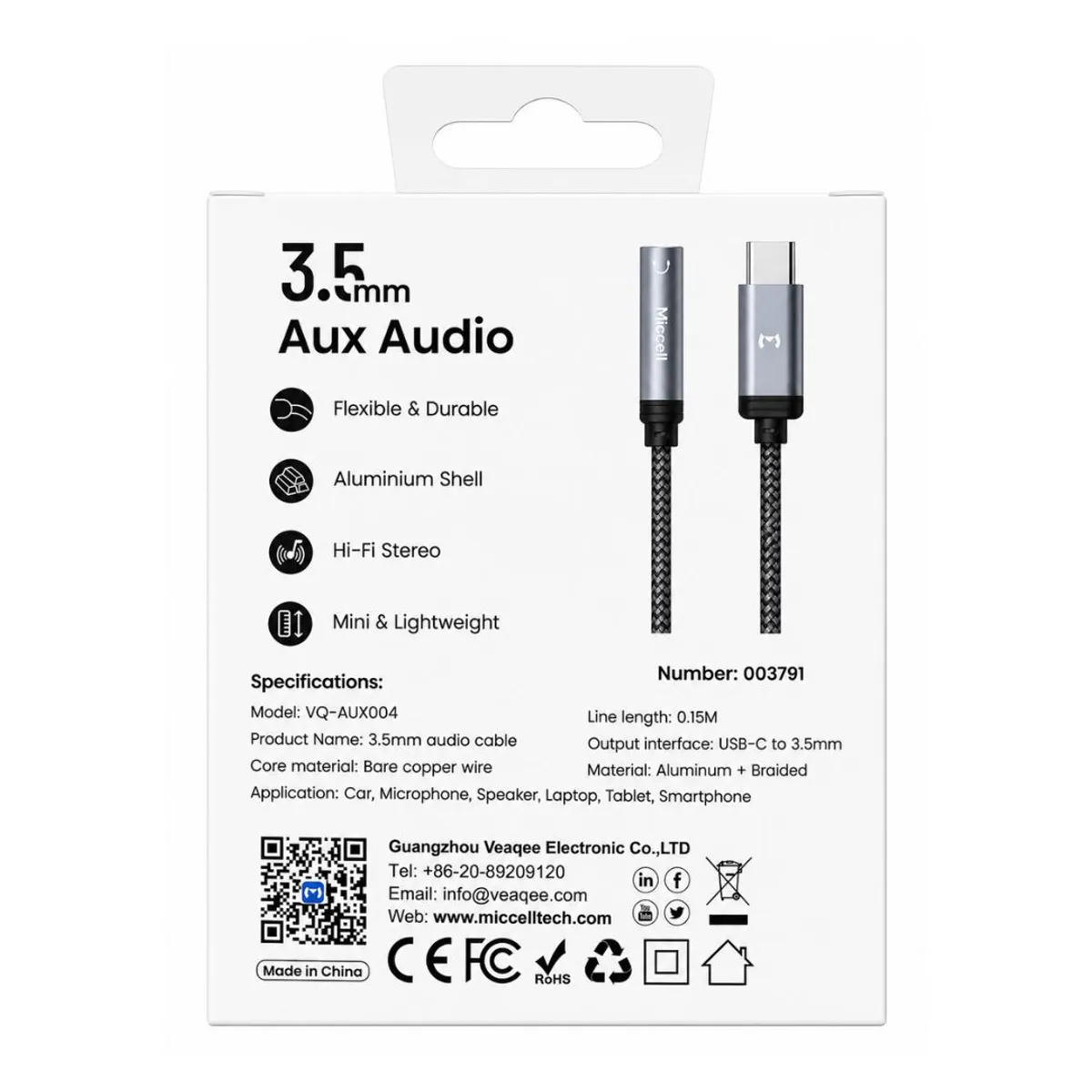 ADAPTADOR DE AUDIO MICCELL USB-C A JACK 3.5MM HI-FI PARA AUDÍFONOS PARLANTES Y MICRÓFONOS - 3