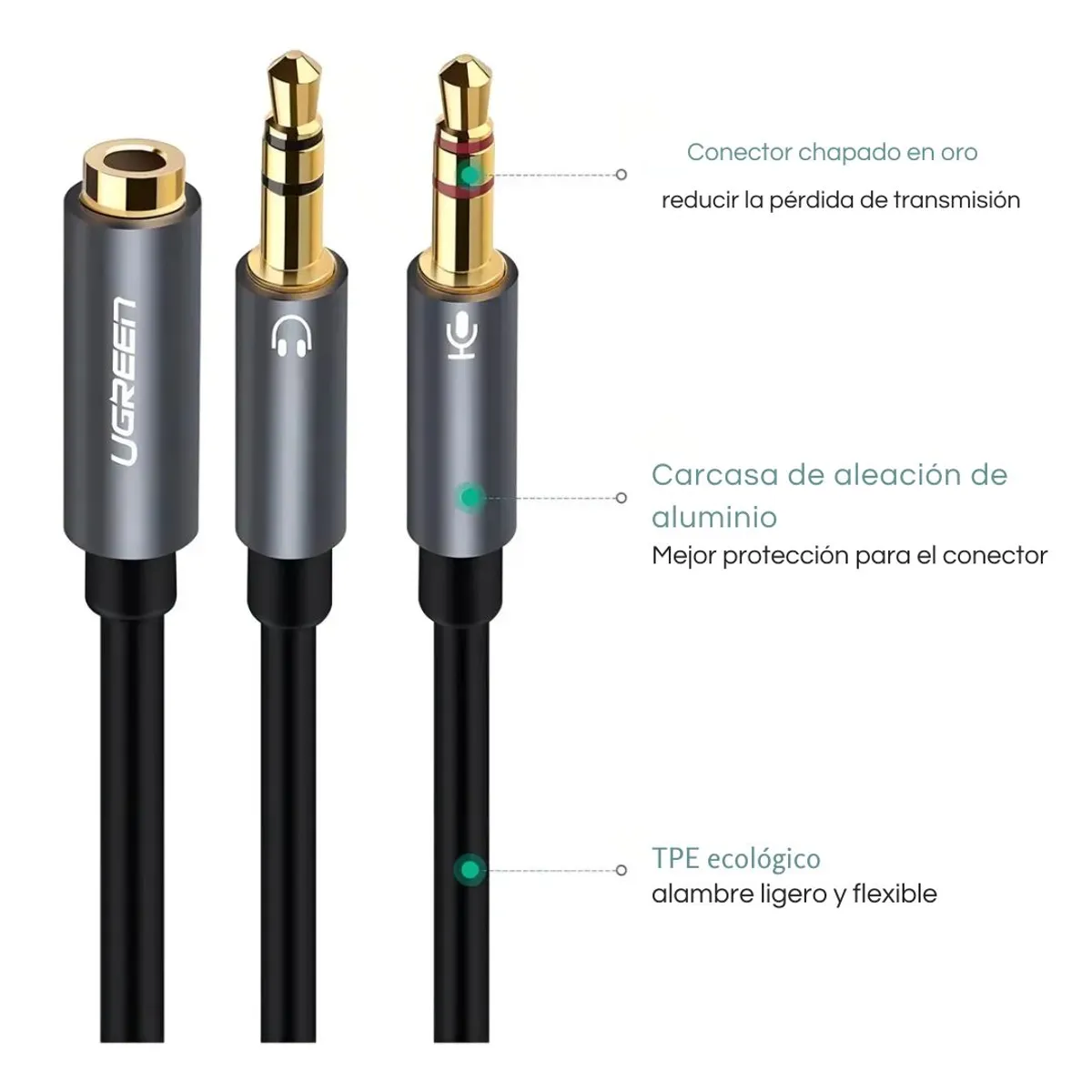 ADAPTADOR DE AUDIO UGREEN AV140 3.5 MM TRRS A DOBLE 3.5 MM TRS PARA AUDÍFONOS Y MICRÓFONO - 5